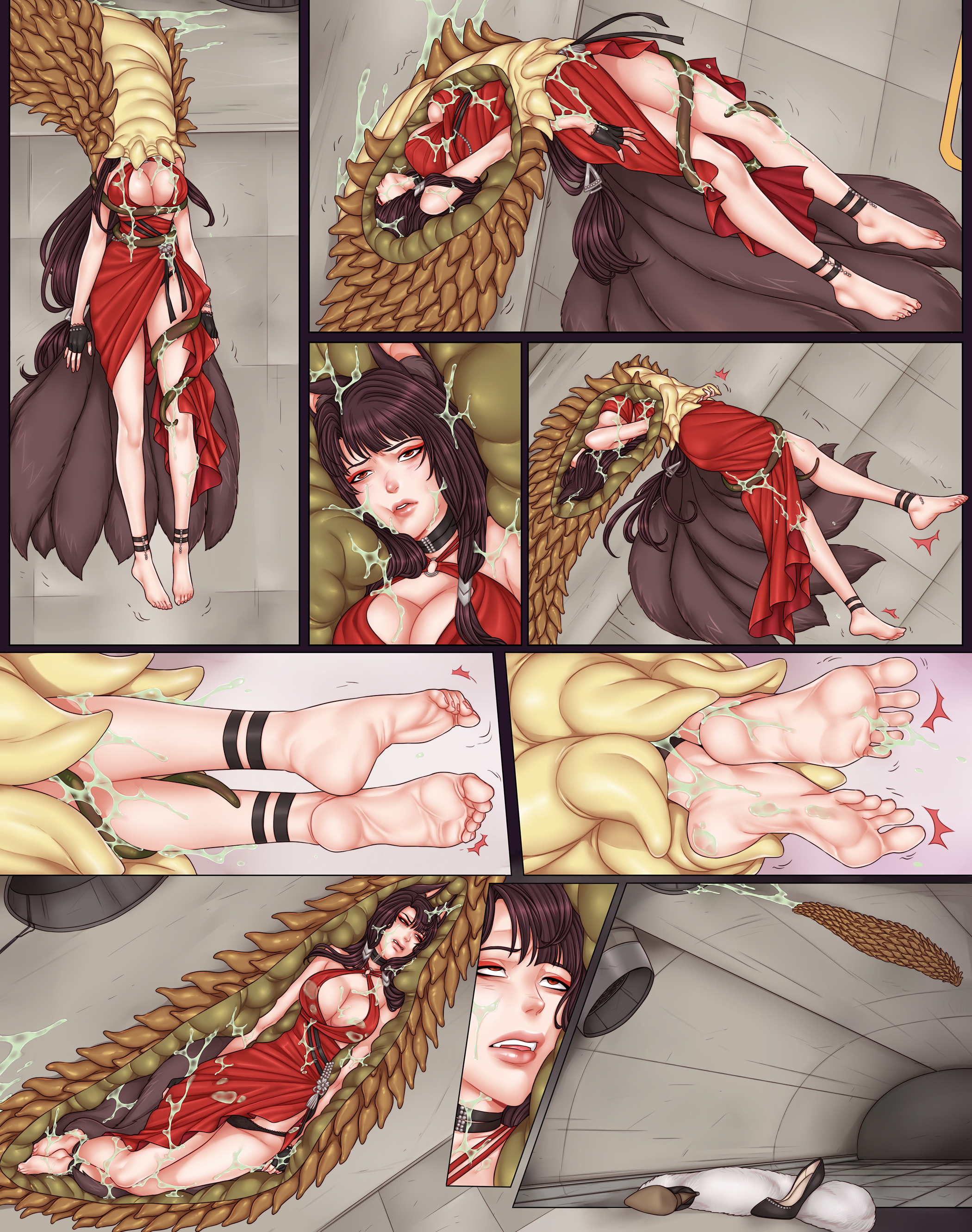 akagi (azur lane), asphyxiation, ass, azur lane, barefoot, big breasts, black skirt, breasts, brown hair, brown tail, comic, defeated, defeated villainess, feet, female, female prey, fox ears, fox girl, fox tail, huge breasts, imminent death, large breasts, lifting, linart, neck grab, noose, panties, red dress, red skirt, red tie, struggling, suffering, suffocation, vore, worm