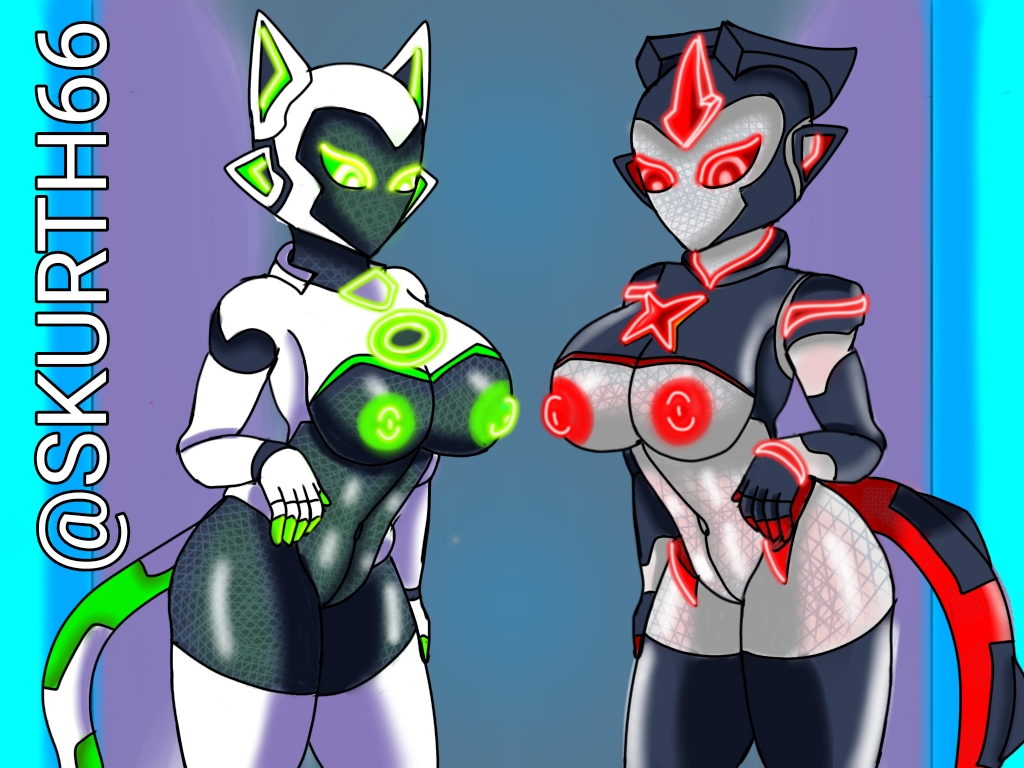 2girls anthro breasts cat_robot esmeralda_the_robot female/female horny multiple_girls nipples oc robot_girl ruby_the_robot seductive