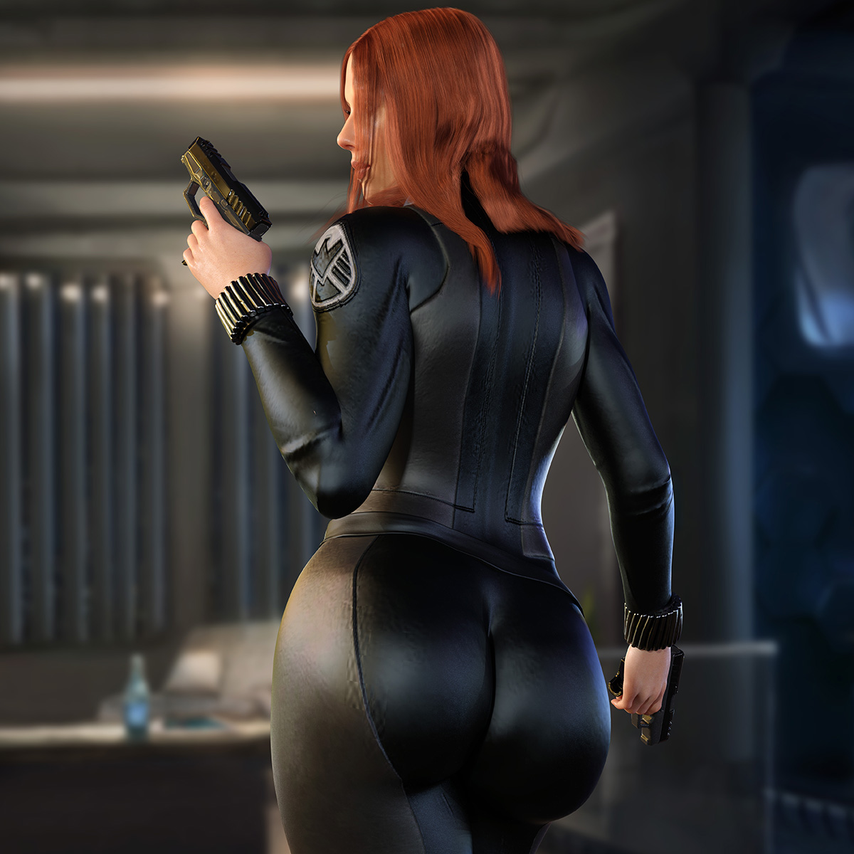 1girls, 3d, ass, avengers, big ass, big breasts, black widow (marvel), bodysuit, breasts, busty, dual wielding, female, female only, firearm, gun, handgun, hourglass figure, human, human only, light skin, light-skinned female, long hair, marvel, marvel cinematic universe, marvel comics, natasha romanoff, nordfantasy, red hair, s.h.i.e.l.d., scarlett johansson, solo, solo female, straight hair, tagme, weapon, wide hips, wristwear