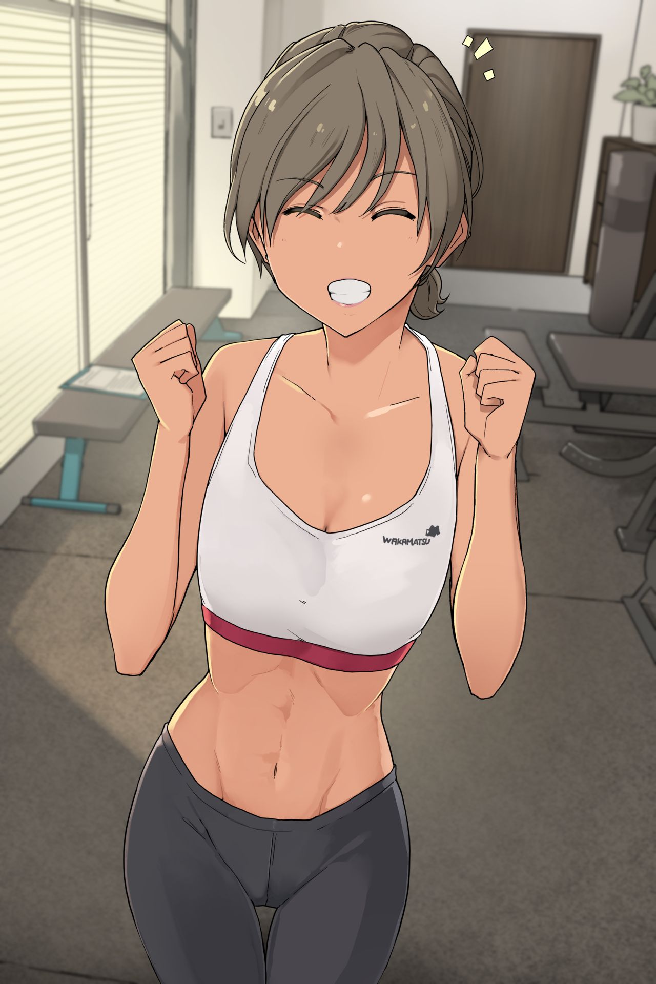 1girls abs breasts brown_hair cleavage closed_eyes clothing comic female fitness gym_clothes happy looking_at_viewer mature_female midriff milf original ponytail small_breasts sports_bra sportswear teacher training wakamatsu372 wide_hips workout yoga_pants