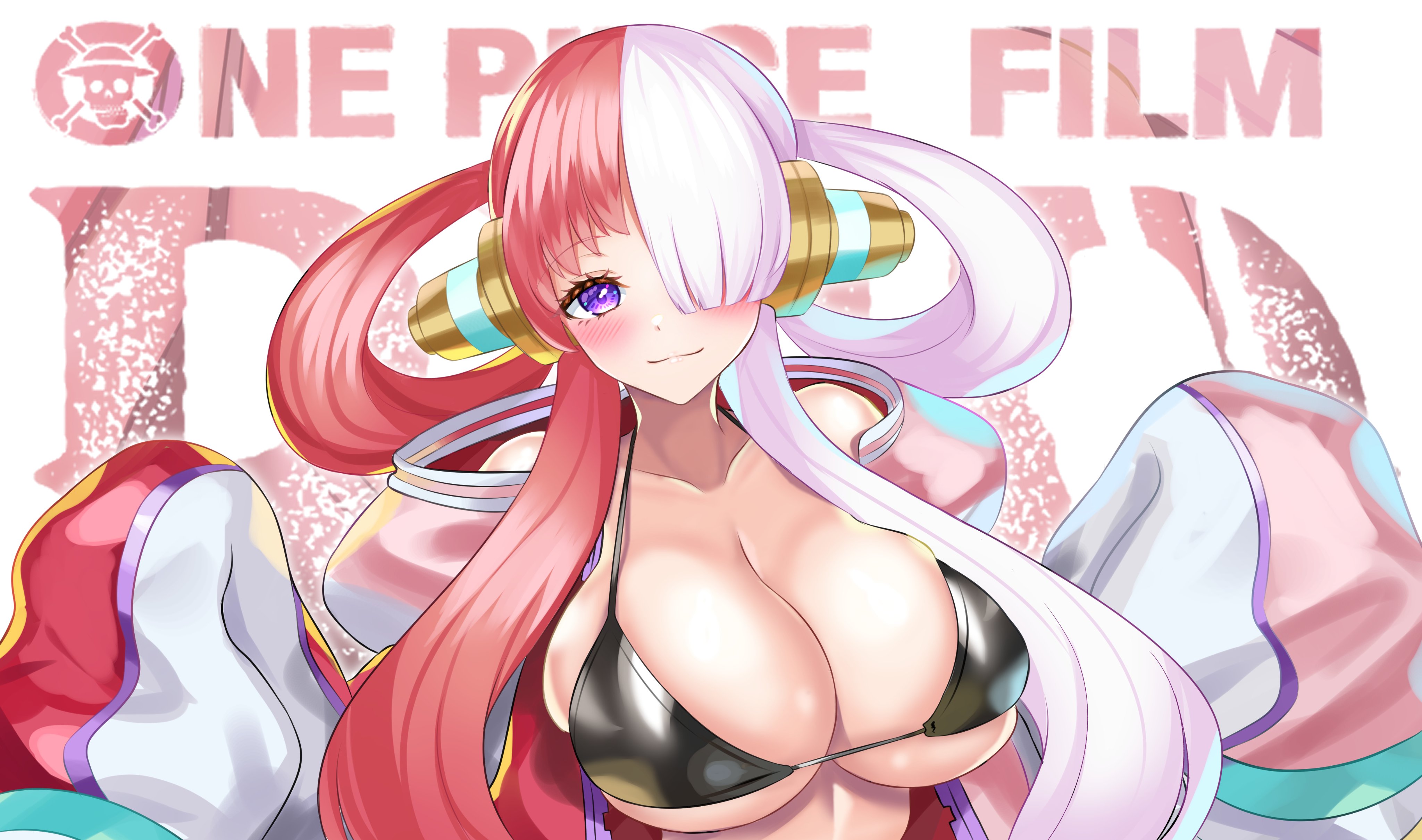 1girls, big breasts, bikini, bikini top, blush, breasts, cleavage, female, female only, hair over one eye, headgear, huge breasts, jacket, nez-box, one eye obstructed, one piece, one piece film red, open jacket, overflowing breasts, purple eyes, red hair, red-haired female, smile, solo, two-tone hair, uta (one piece), white hair, white-haired female