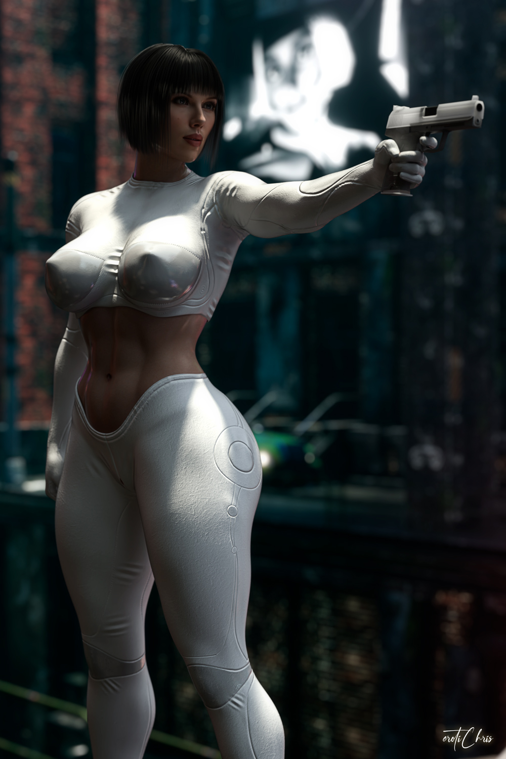 1girls 3d bodysuit celebrity cga3d erotichris female female_only firearm ghost_in_the_shell ghost_in_the_shell_(2017) handgun hi_res human kusanagi_motoko pale_skin scarlett_johansson solo weapon