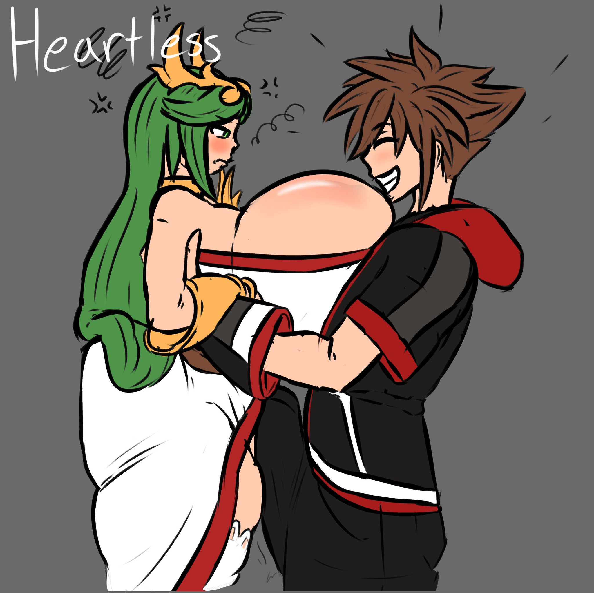 1boy, 1girls, against wall, annoyed, ass, breasts, bulge rubbing, crack pairing, crossover, erection under clothes, female, gokusenpai, huge ass, huge breasts, huge cock, imminent rape, kid icarus, kid icarus uprising, kingdom hearts, lifting, male, nintendo, palutena, penis, pout, shortstack, shrunken female, size difference, sora, sora (kingdom hearts), straight