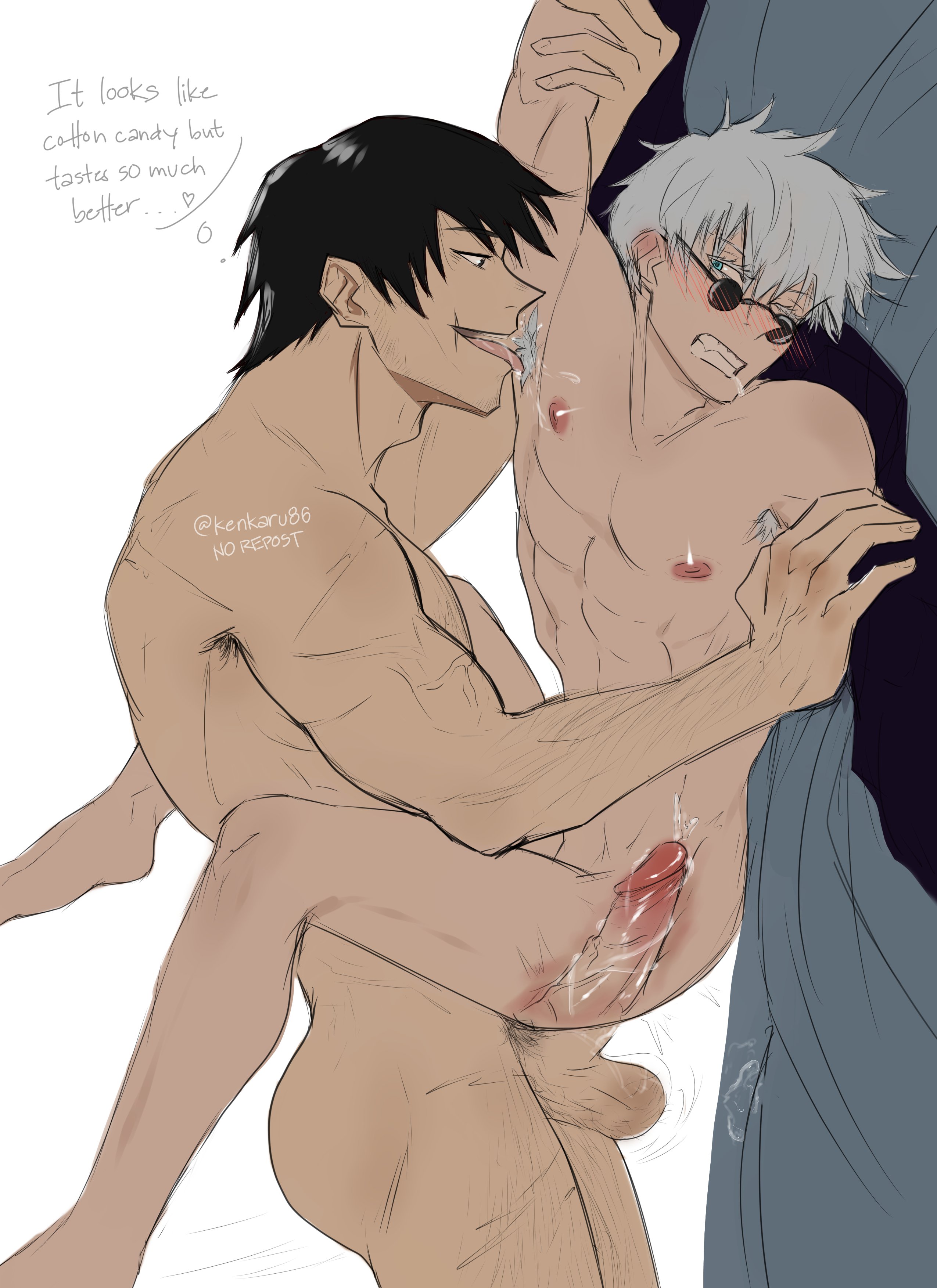 2boys, abs, age difference, anal, anal sex, armpit hair, armpit licking, armpits, ass, balls, black hair, blue eyes, blush, completely nude, cum, english text, gay, jujutsu kaisen, kenkaru86, licking, looking over eyewear, looking over glasses, looking over sunglasses, male, male nipples, male only, male penetrating male, male/male, missionary, multiple boys, multiple males, muscular, muscular male, nipples, nude, pectorals, penis, satoru gojo, scar, scar on face, sex, size difference, sunglasses, testicles, tinted eyewear, toji fushiguro, veins, veiny penis, white hair, x-ray, yaoi