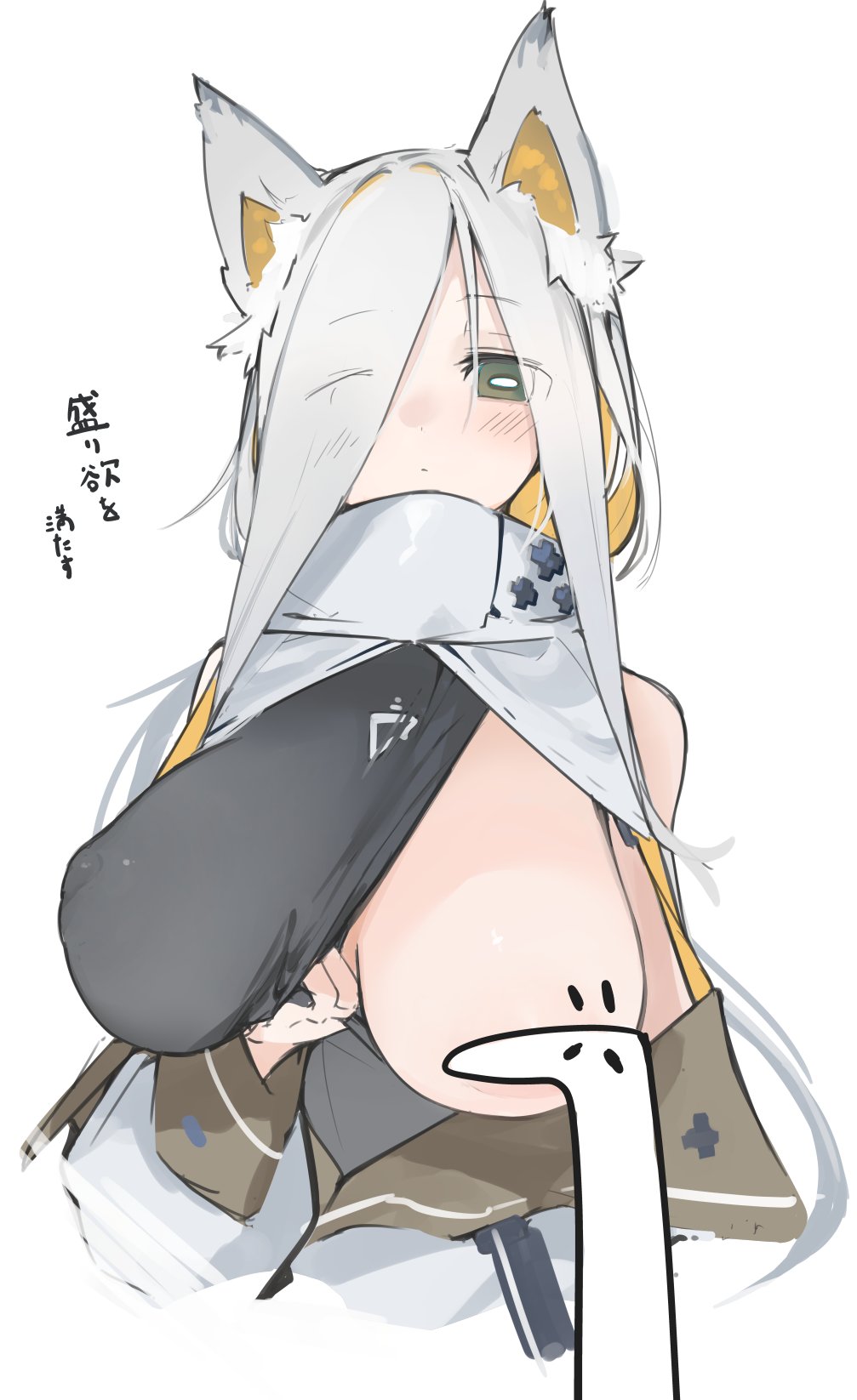 animal ear fluff, animal ears, bare shoulders, blush, breasts, collar, commentary, convenient censoring, cross, female, green eyes, grey hair, hair over one eye, highres, large breasts, long hair, long sleeves, mikozin, off shoulder, one eye closed, original, simple background, solo, symbol-only commentary, translation request, upper body