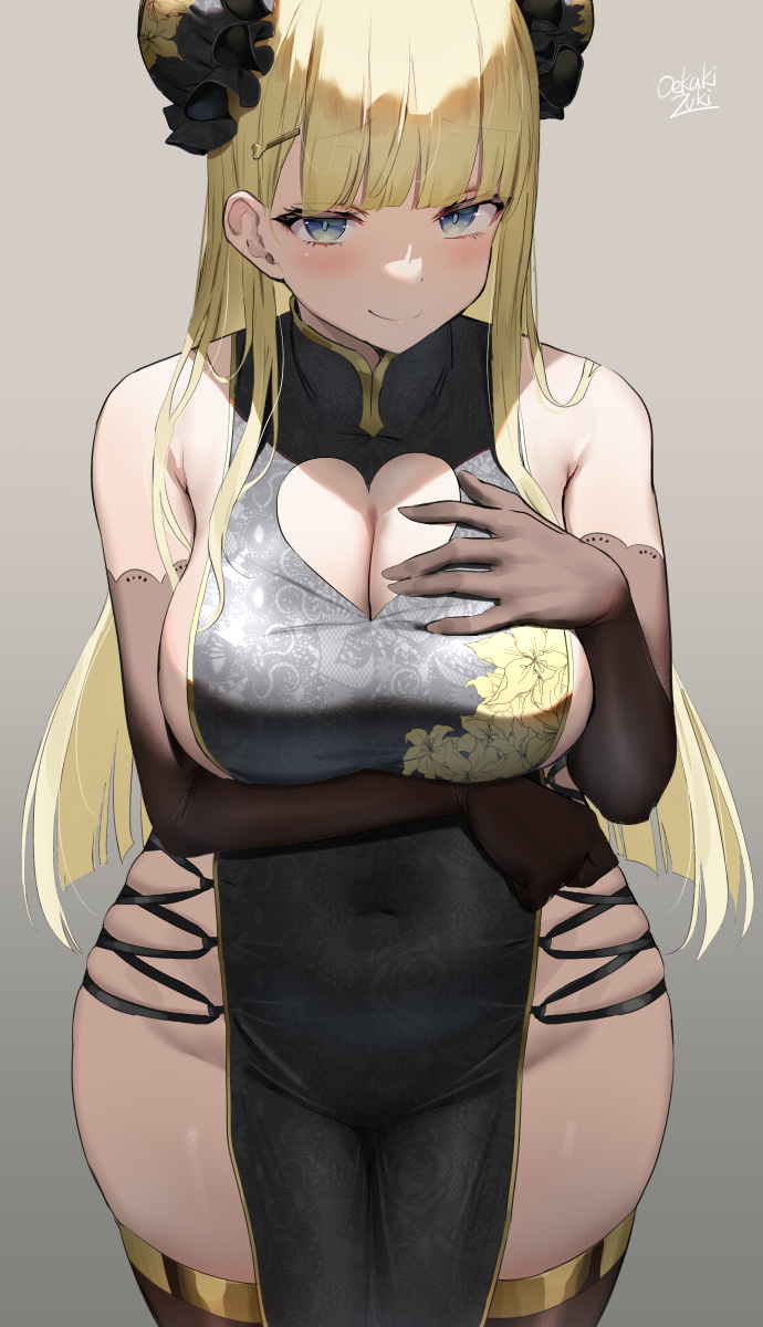 1girls, 2022, artist signature, bare legs, blonde hair, blue eyes, blush, breasts, china dress, cleavage, cleavage cutout, female, female only, hips, huge breasts, long hair, naughty face, no panties, oekakizuki, original, original character, side slit, simple background, skindentation, slim waist, thick thighs, thighhighs, thighs, wide hips