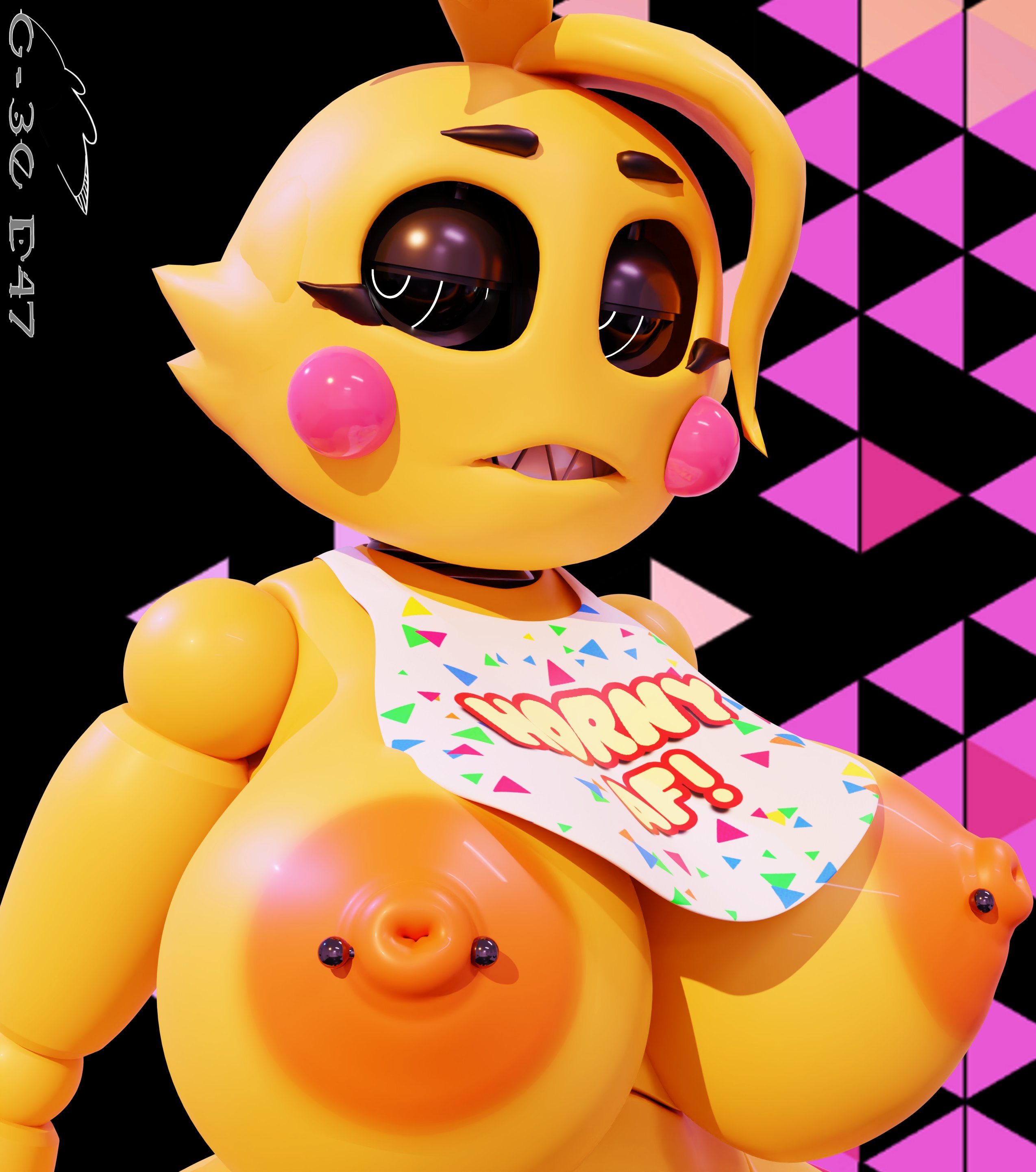 3d, big breasts, breasts, female, five nights at freddy's, five nights at freddy's 2, geodat64, heartbreak chica (geodat64), nipple piercing, nipples, piercing, sharp teeth, solo, toy chica (fnaf)