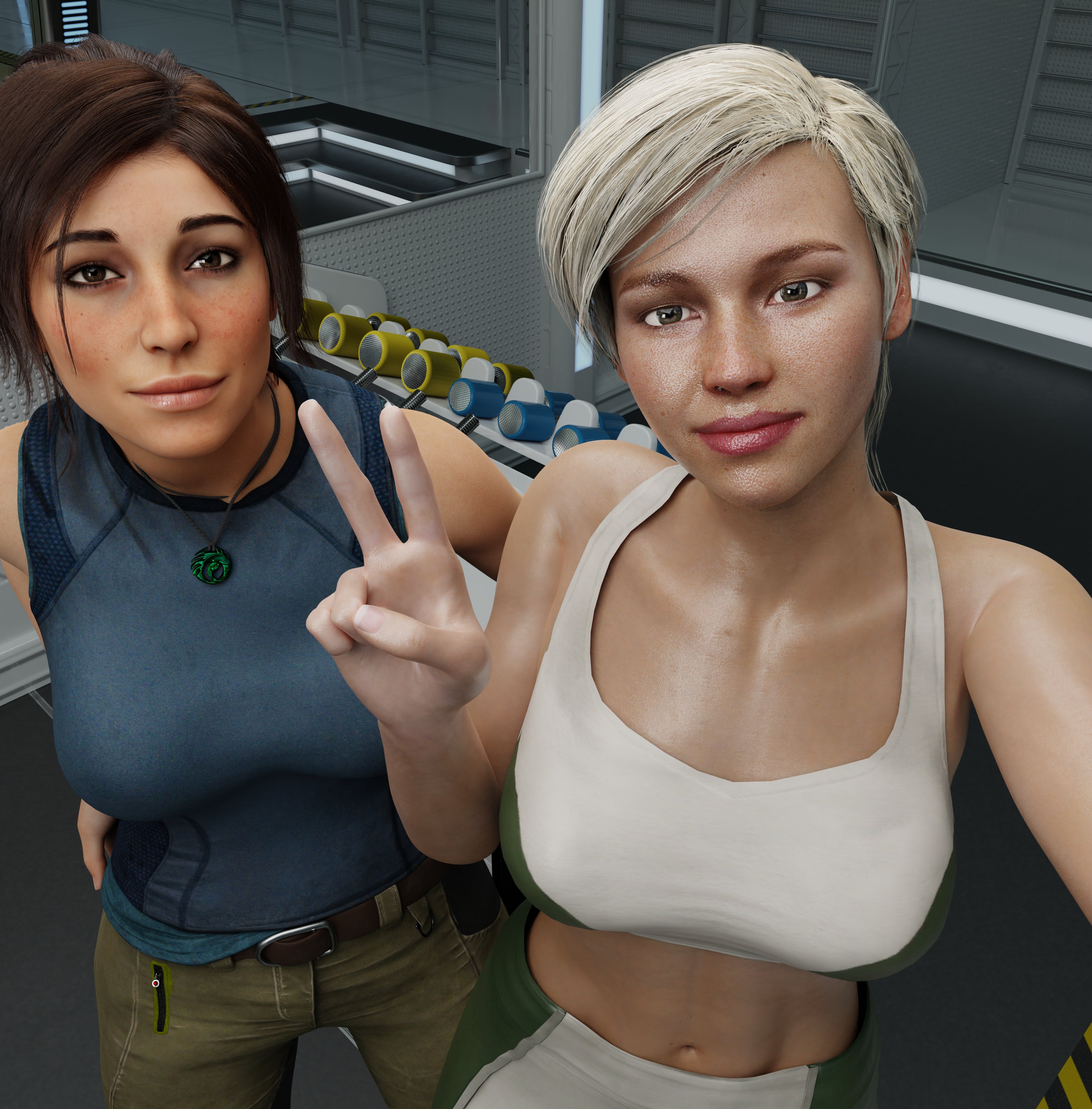 2girls, 3d, 3d (artwork), blender, blender (software), blonde hair, blue eyes, brown eyes, brown hair, cassie cage, crossover, cute, female, female only, fully clothed, happy, lara croft, lara croft (survivor), mortal kombat, mortal kombat 11, project vega, sensual, tomb raider, tomb raider (survivor)