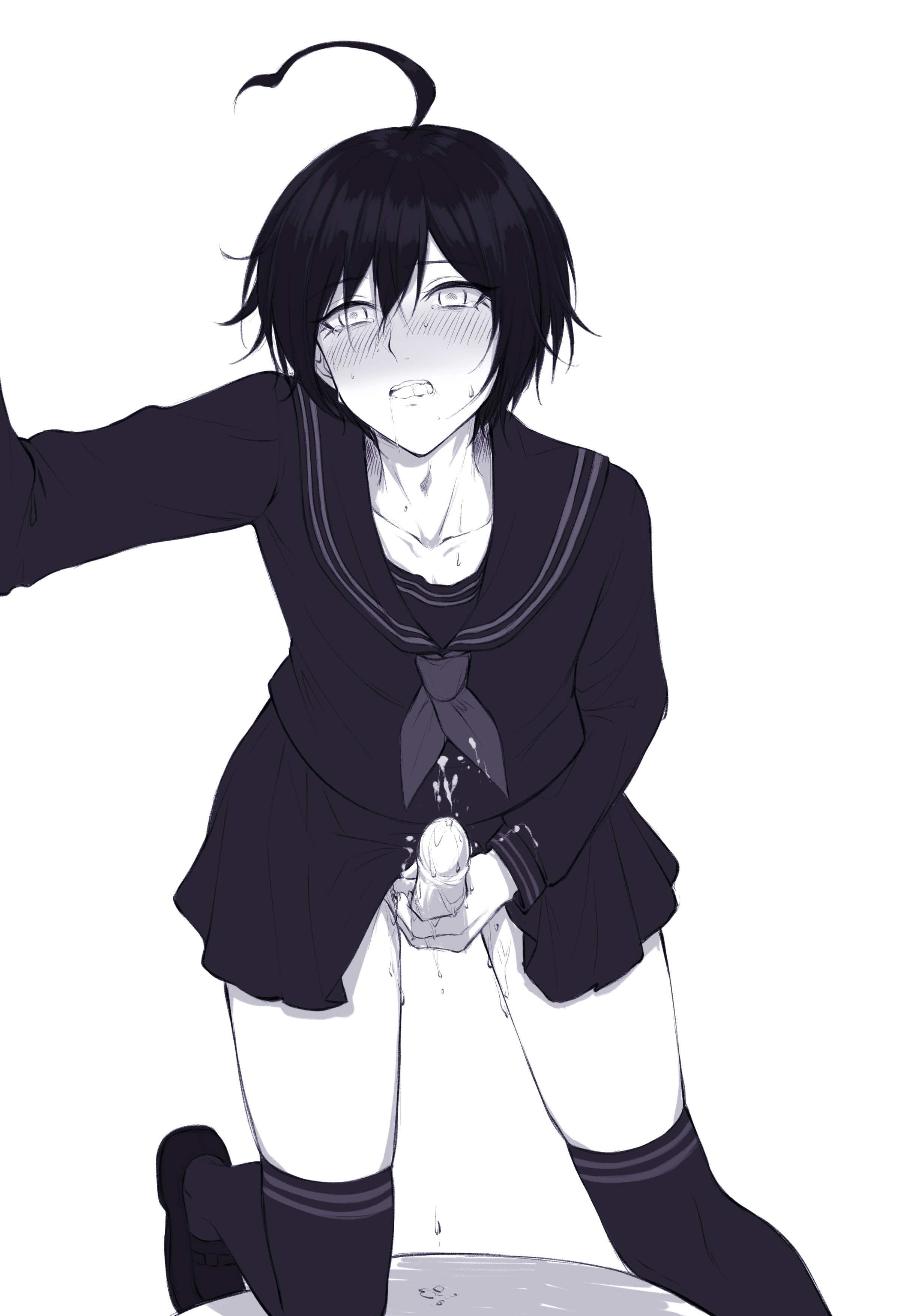 1boy, blush, bodily fluids, crossdressing, cum, danganronpa, danganronpa v3, ewa (seraphhuiyu), femboy, male, male only, masturbation, monochrome, penis, saihara shuuichi, school uniform, seifuku, solo, straight hair, sweat, thighhighs