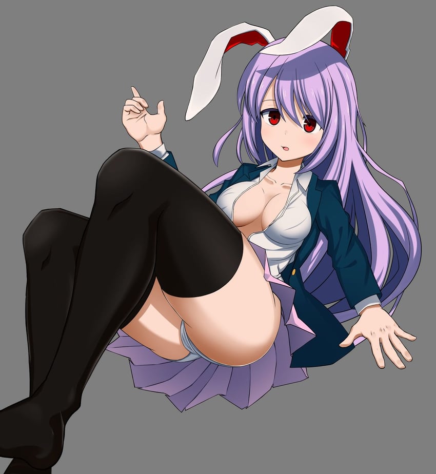 animal_ears blazer breasts bunny_ears bunny_girl cleavage light_purple_hair long_hair looking_at_viewer no_bra no_shoes panties pink_skirt purple_hair red_eyes reisen_udongein_inaba ringo114514810 thick_thighs thighhighs thighs touhou upskirt very_long_hair white_panties zawapirori