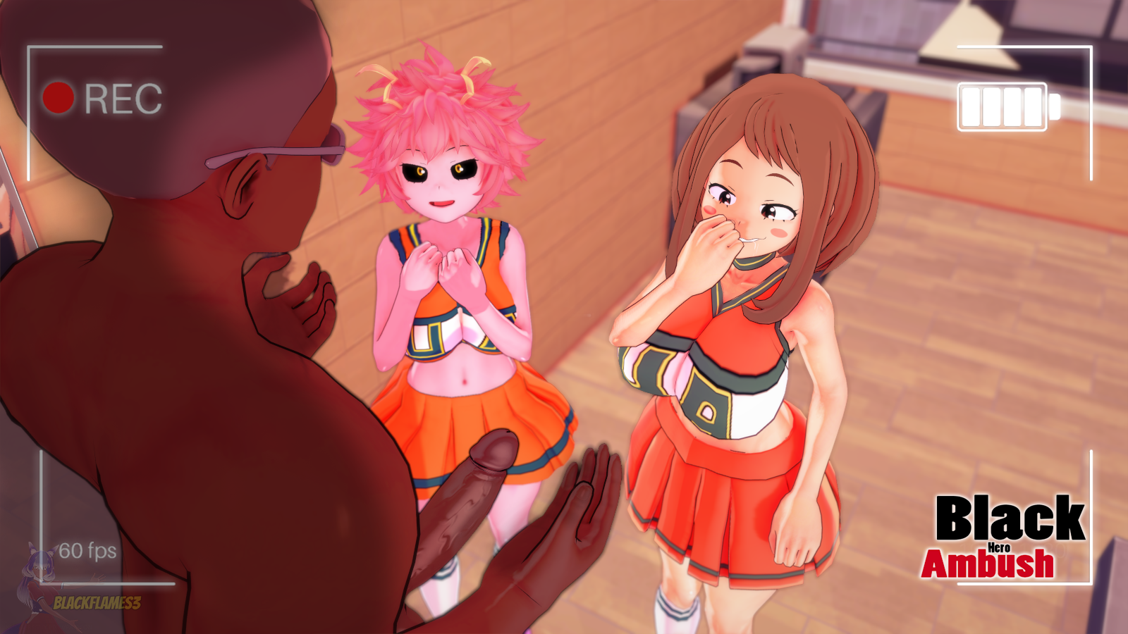 1boy, 2girls, 3d, black sclera, blackflames3, brown hair, cheerleader uniform, dark skin, dark-skinned male, female, huge cock, interracial, koikatsu, large penis, male, mina ashido, my hero academia, netorare, nude male clothed female, ochako uraraka, penis, pink hair, pink skin, recording, threesome, u.a. cheerleader outfit, viewfinder, yellow eyes