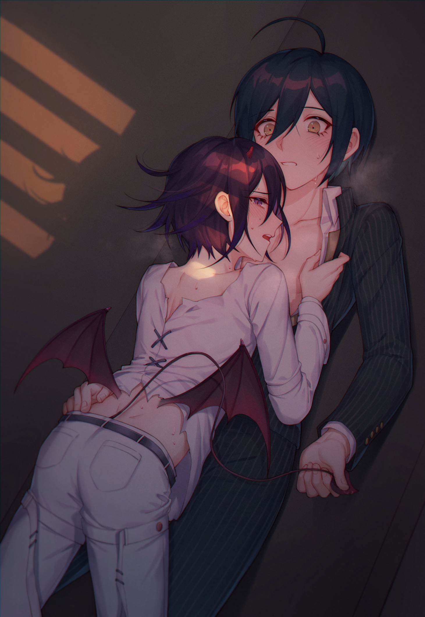 2boys, danganronpa, danganronpa v3, demon, demon boy, demon horns, demon tail, demon wings, ewa (seraphhuiyu), femboy, gay, hand on hip, heavy breathing, incubus, looking back, male, male only, male/male, on back, on top, open clothes, open shirt, ouma kokichi, saihara shuuichi, shirt up, straight hair, sweat, visible breath, yaoi
