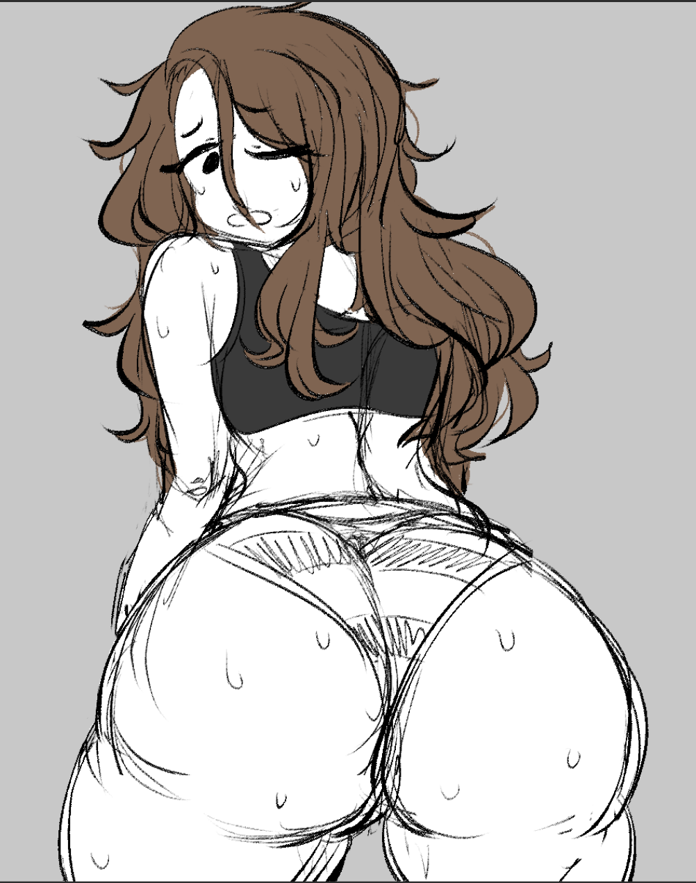 artist_request ass ass_focus bare_shoulders big_ass brown_hair clothing emirichu female long_hair looking_at_viewer looking_back messy_hair one_eye_closed panties shimapan sick sketch sports_bra striped_panties swamp_ass sweat sweating sweaty sweaty_butt underwear wavy_hair white_skin youtube youtuber