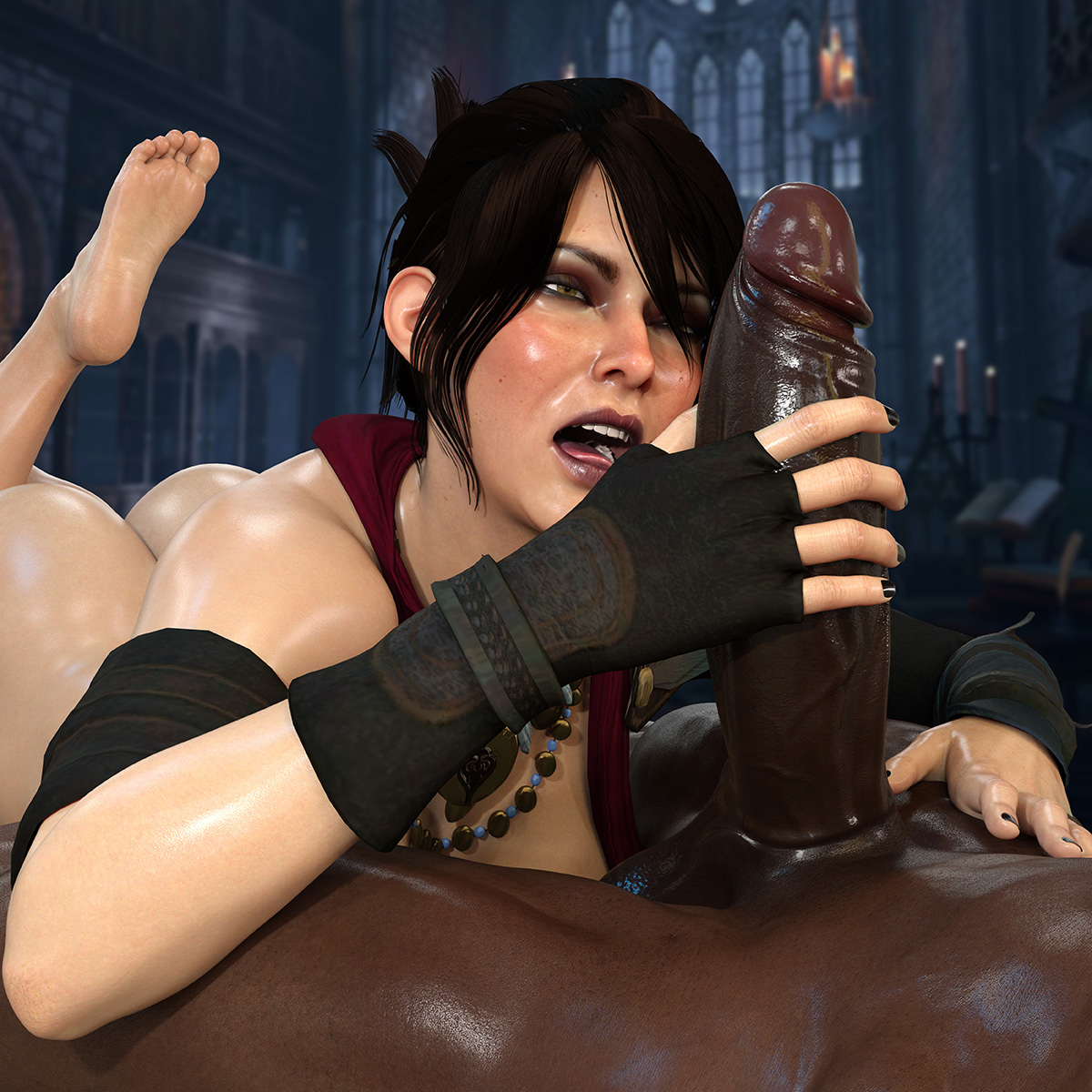 1boy, 1girls, 3d, ass, big breasts, bioware, black hair, black nails, breasts, busty, dark skin, dark-skinned male, dragon age, feet, female, female focus, holding penis, huge cock, interracial, male, morrigan (dragon age), nordfantasy, partial male, penis, short hair, soles