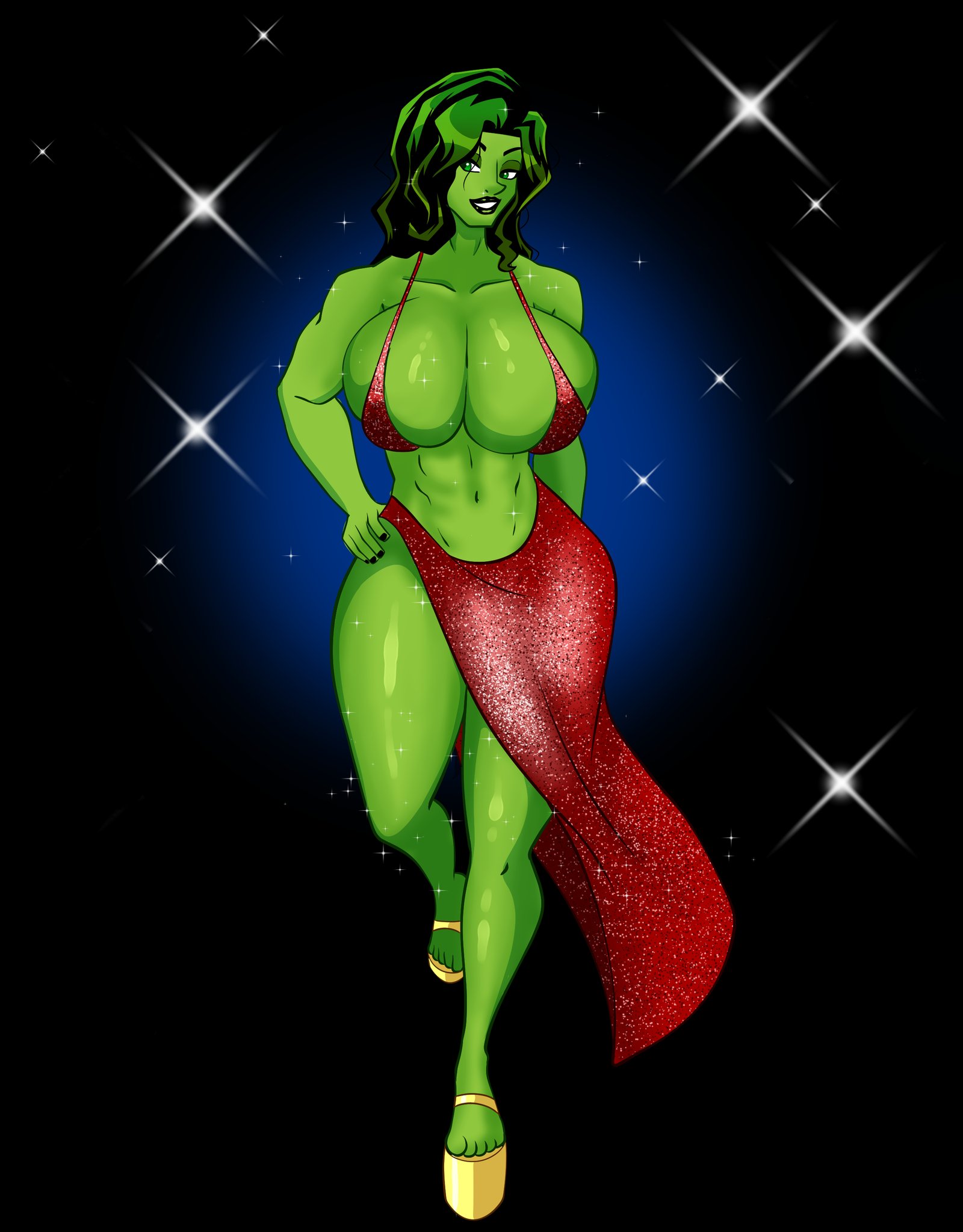 1girls, abs, barely contained breasts, big breasts, breasts, daphne dress, dress, feet, female, female only, giant breasts, green body, green eyes, green hair, green skin, high heels, huge breasts, hulk (series), kingdong98, legs, long hair, marvel, marvel comics, mostly clothed, muscular, muscular female, no bra, no panties, no underwear, platform heels, revealing clothes, she-hulk, simple background, solo, solo female, thick thighs, thighs, voluptuous, voluptuous female