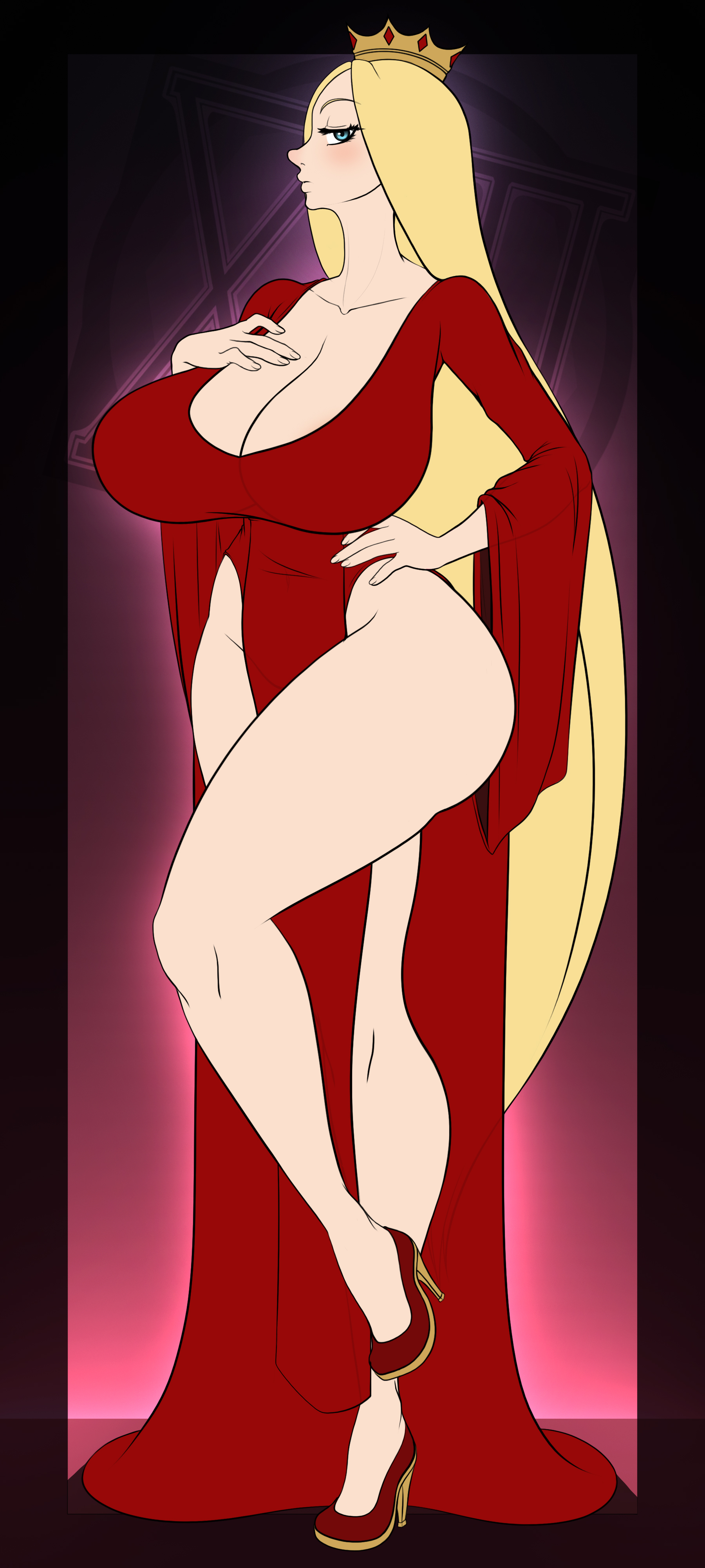 1girls, alternate costume, alternate hairstyle, alternate version available, ass, big breasts, blonde hair, blue eyes, bottomwear, breasts, cleavage, clothing, crown, curvaceous, curvy, curvy figure, dress, female, female only, full body, hand on breast, hand on hip, hi res, high heels, highres, hips, huge breasts, large breasts, legs, long hair, mature, mature female, milf, milf ass, milf body, mother, ousama ranking, pelvic curtain, queen hilling, red dress, royal, seductive, solo, solo female, thick thighs, thighs, topwear, waifuholic, wide hips