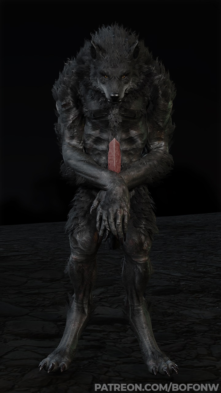 3_claws 3_toes 3d_(artwork) 9:16 animal_genitalia animal_penis anthro bodily_fluids bofonw canid canine canine_penis canis claws cum darkness digital_media_(artwork) erection feet full-length_portrait fur genital_fluids genitals grey_body grey_fur head_down hi_res looking_at_viewer male mammal night paws penis pink_penis portrait red_penis solo standing tailless toes were werecanid werecanine werewolf