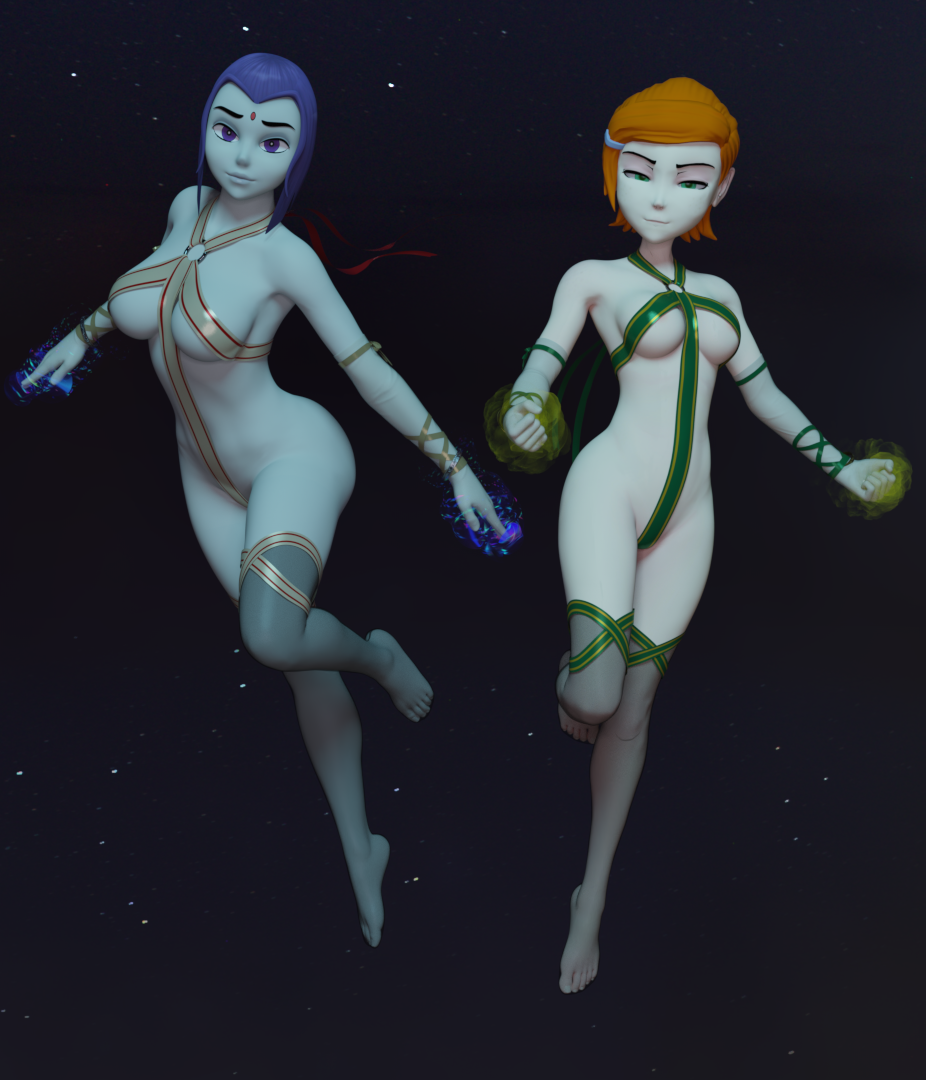 2girls 3d 3d_(artwork) aged_up armwear ben_10 big_breasts big_butt breasts casual cosplay crossover daz3d daz_studio female female_only footwear gwen_tennyson human legwear leotard neckwear orange_hair pale_skin pin3d purple_hair raven raven_(dc) ribbon sailor_moon_(cosplay) short_hair teen_titans thighs