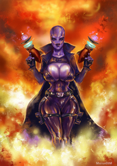 1girls alien alien_girl ass bald_female big_ass big_breasts breasts cizi classic_alien dat_ass female female_focus female_only mister69m oc original purple_eyes purple_skin science_fiction solo weapon