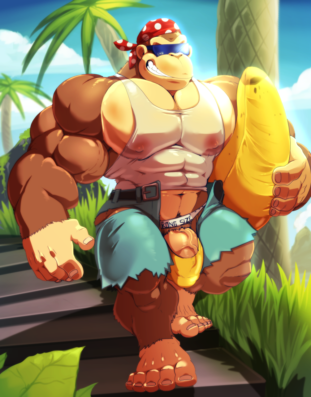 anthro bara cursedmarked donkey_kong_(series) donkey_kong_country funky_kong furry gay gorilla headkerchief male male_focus male_only muscles muscular nintendo open_fly penis see-through_clothing shorts solo solo_male sunglasses tank_top veiny_penis