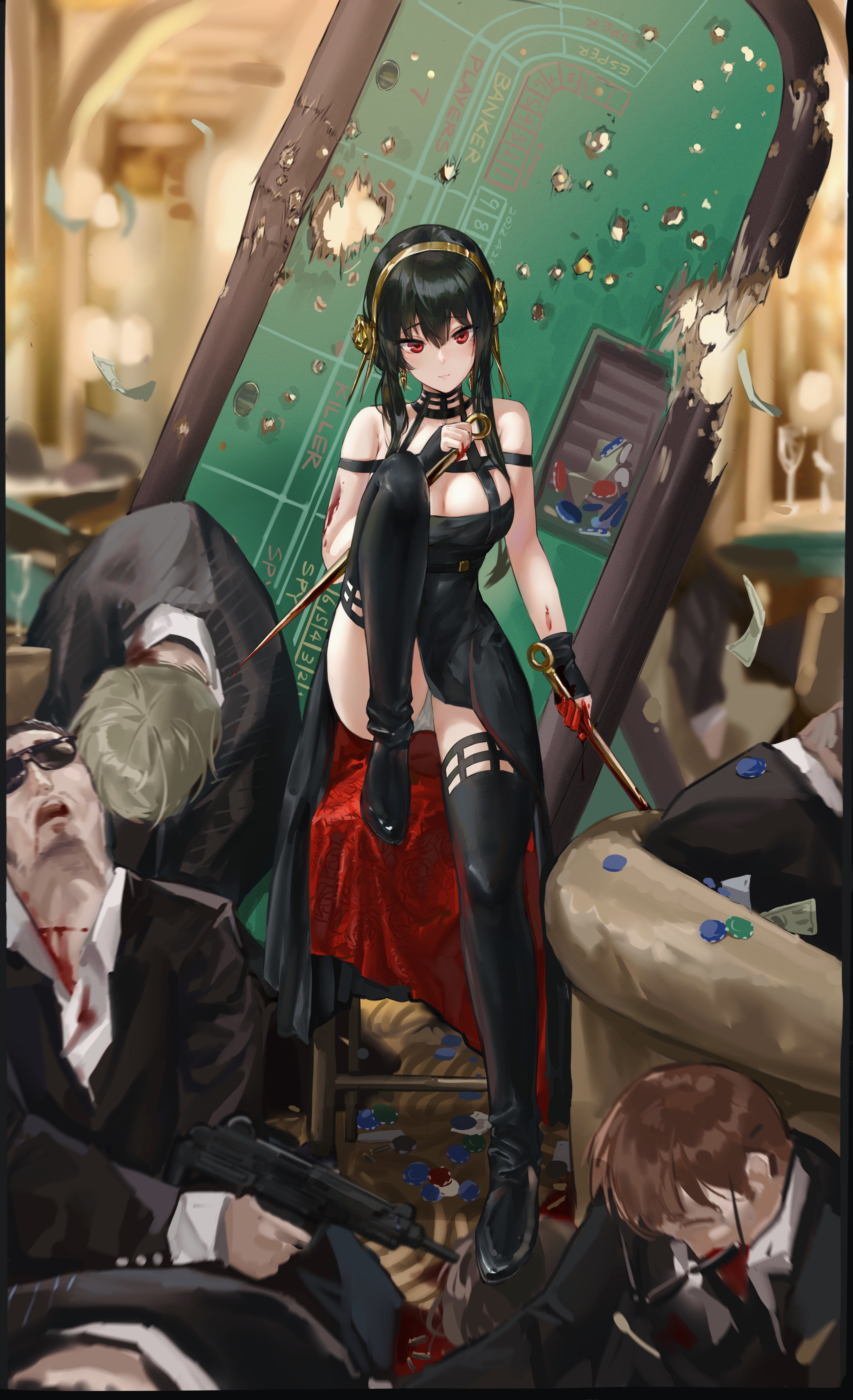 1girls, assassin, black dress, black hair, black thighhighs, blood, blood stain, boots, casino, cleavage, corpse, dead body, death, female, female assassin, gold hairband, gore, guro, hairband, headband, long boots, male, male death, milf, mother, multiple boys, multiple deaths, multiple males, red eyes, sawkm, spy, spy x family, stiletto (weapon), thighhighs, thorn princess, white panties, yor briar, yor forger
