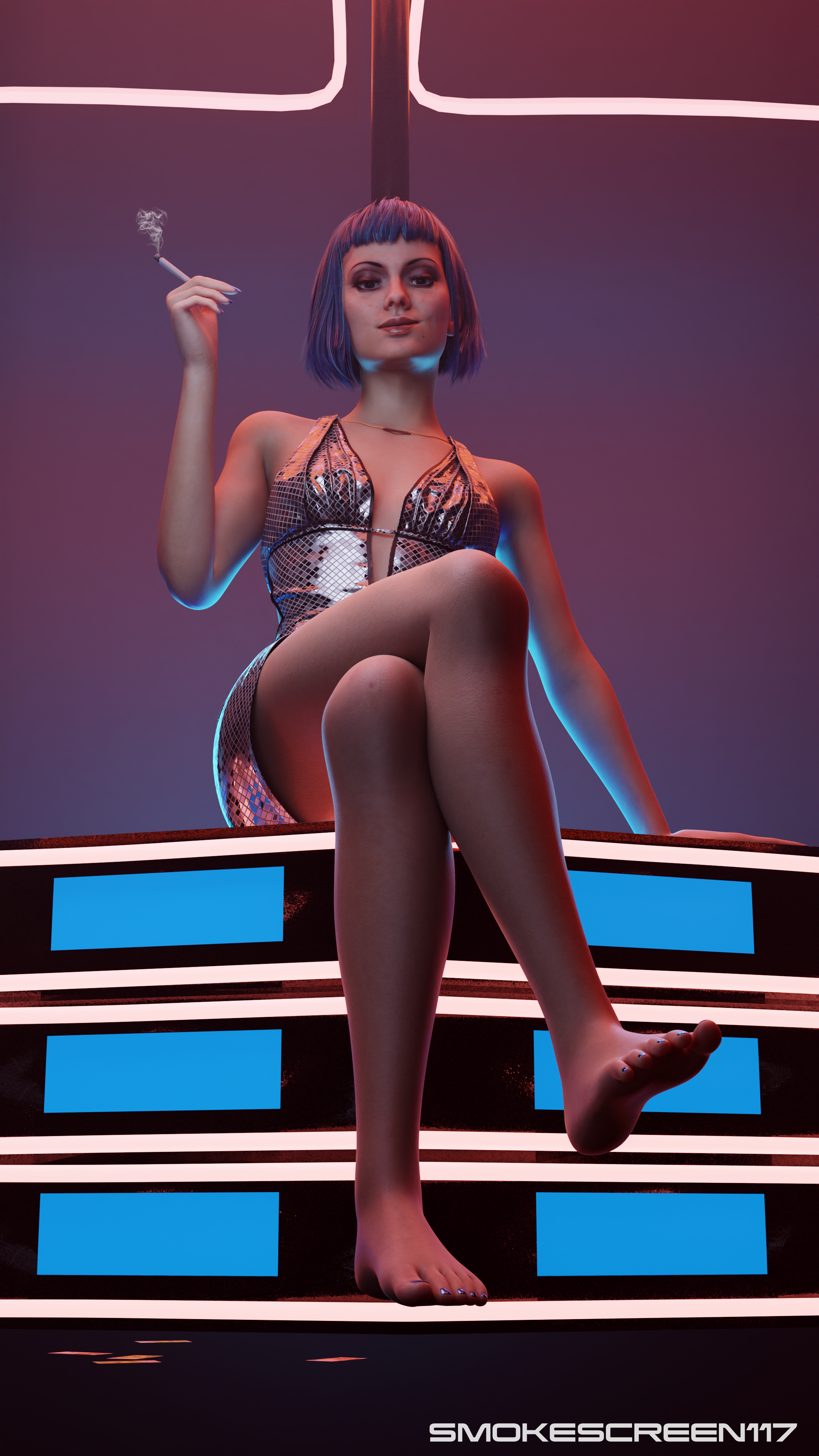 1girls, 3d, 3d (artwork), barefoot, blender, blue hair, breasts, cigarette, cyberpunk 2077, evelyn parker, feet, female, female only, front view, legs, light skin, light-skinned female, looking at viewer, medium hair, pov, sitting, small breasts, smirk, smokescreen117, soles, solo, solo female, solo focus