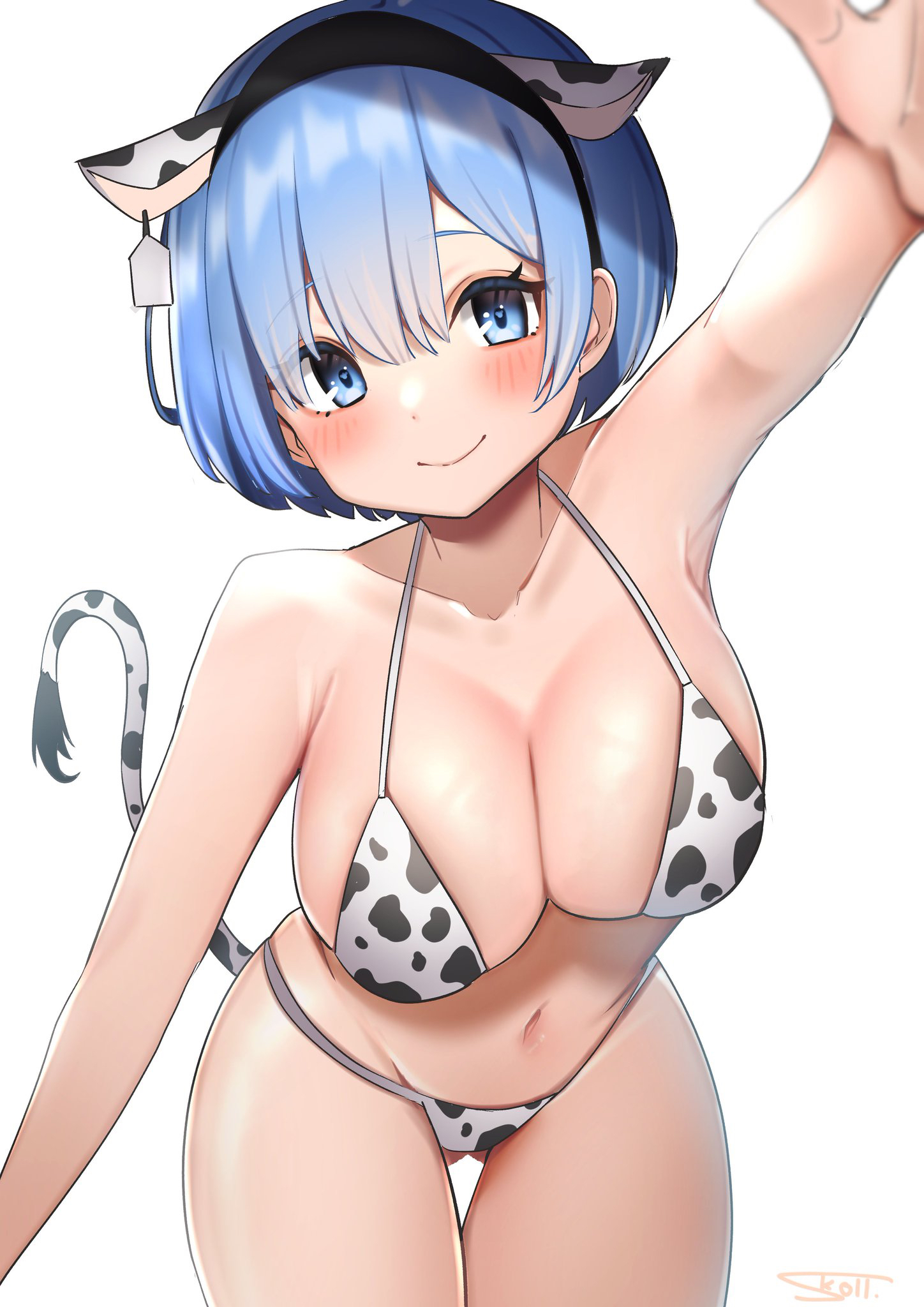 1girls, 2022, alternate version available, animal ears, animal print, arm up, ass visible through thighs, bikini, bikini bottom, bikini top, blue eyes, blue hair, blush, breasts, cleavage, closed mouth, cow bikini, cow ears, cow horns, cow print, cow tail, ear tag, fake animal ears, fake horns, female, female only, highres, horns, large breasts, navel, oni, oni female, print bikini, re:zero kara hajimeru isekai seikatsu, rem (re:zero), short hair, simple background, skoll world, smile, solo, stomach, swimsuit, tail, teenage female, teenager, thigh gap, white background