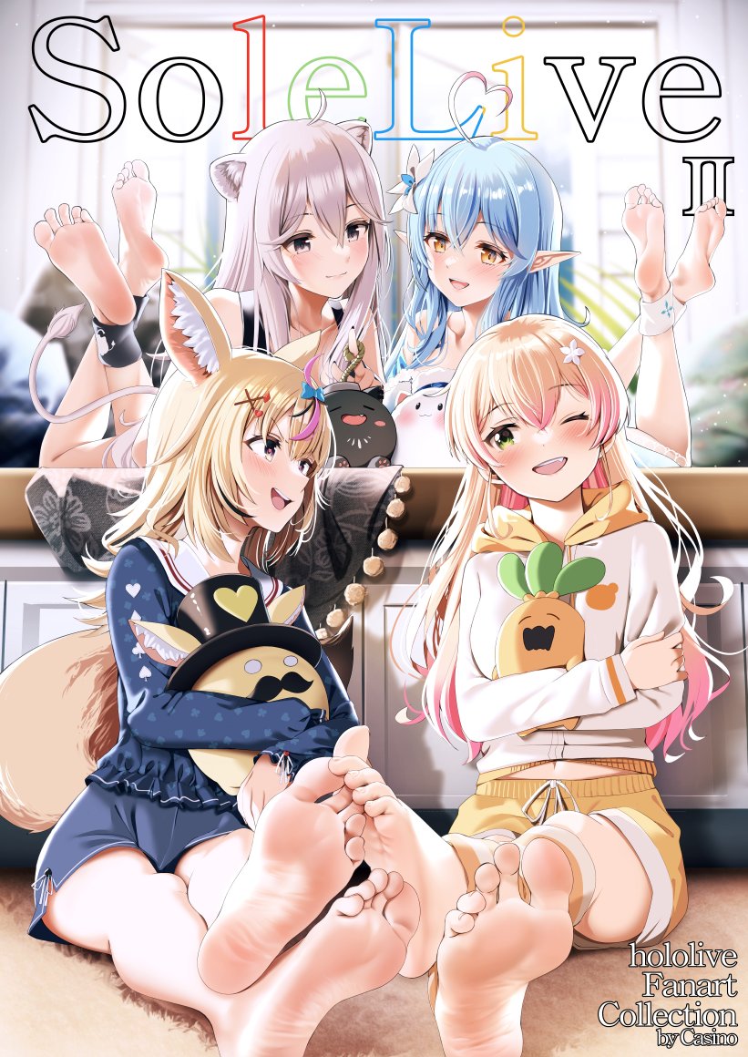 4girls, barefoot, casino (casinoep), elf, feet, female, female only, foot fetish, foot focus, hololive, hololive gen 5, hololive japan, momosuzu nene, multiple females, multiple girls, omaru polka, shishiro botan, smile, soles, toes, virtual youtuber, wink, yukihana lamy