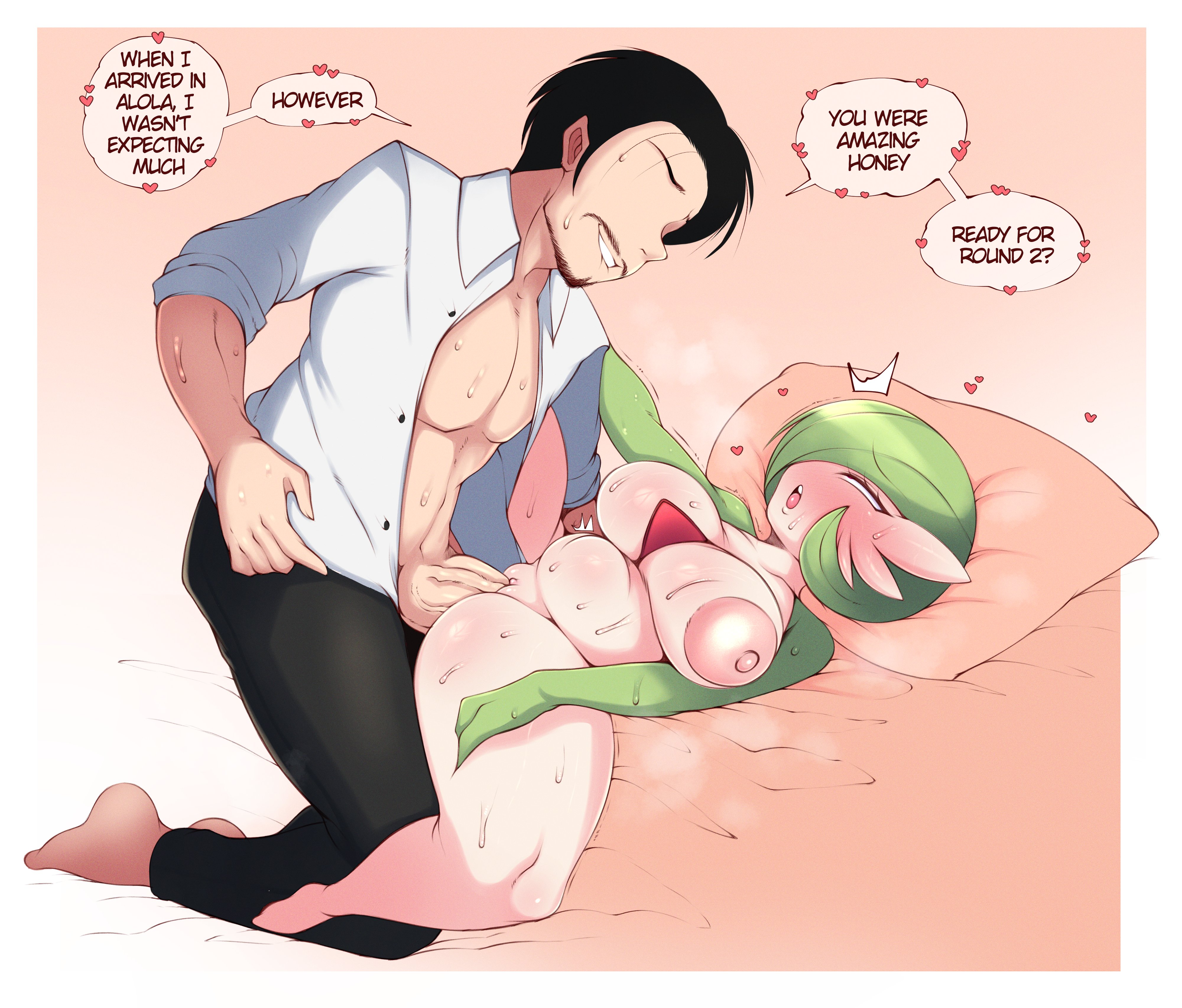 1boy, 1girls, 2022, anthro, areolae, big belly, breasts, chest spike, commission, dialogue, english text, female, female penetrated, female pokemon, gardevoir, green hair, hair over one eye, hi res, huge breasts, huge cock, human, human male, human on pokemon, human penetrating, interspecies, large areolae, light skin, light-skinned male, male, male penetrating, missionary position, nintendo, penis, pokémon (species), pokemon, pokemon (species), pokephilia, red eyes, saltyxodium, sex, short hair, spread legs, text, thick thighs, thighs, vaginal, vaginal penetration, vaginal sex, white body, white skin