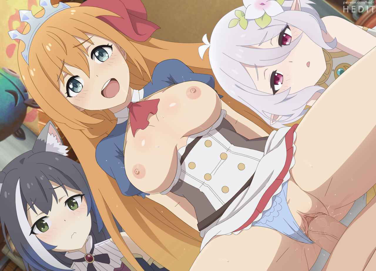 1boy, 3girls, artist name, blush, breasts, breasts out, cat ears, cat girl, cowgirl position, female, flower in hair, green eyes, grey eyes, hedit, karyl (princess connect!), kokkoro (princess connect!), long black hair, long hair, long orange hair, male, medium breasts, open mouth, orange hair, panties, panties aside, pecorine, pov, princess connect!, princess connect! re:dive, pussy, red eyes, sex, short hair, short white hair, tiara, uncensored, vaginal penetration, white hair, white strand of hair