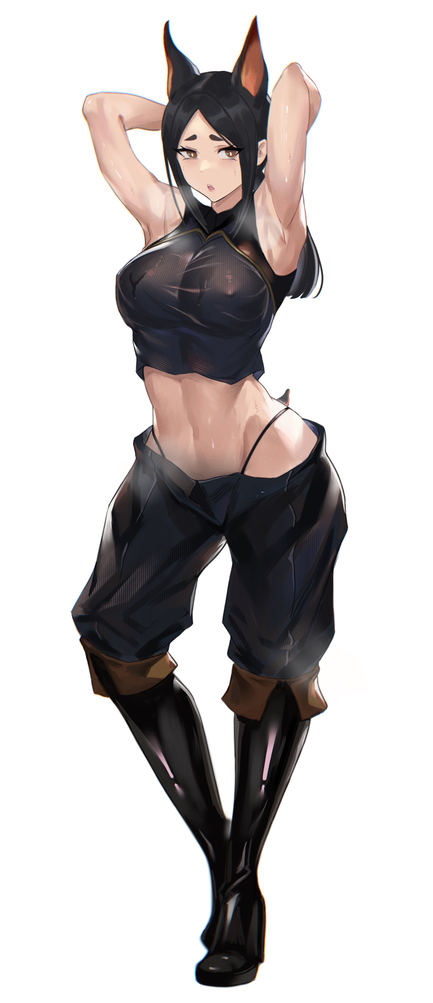 absurdres, animal ears, arknights, armpits, arms up, blush, boots, breasts, chong (547342983), covered nipples, dobermann (arknights), dog ears, dog girl, dog tail, female, full body, high heel boots, high heels, highres, knee boots, large breasts, navel, open mouth, panties, pants tucked in, simple background, solo, sports bra, stomach, sweat, tail, thong above pants, thong straps, underwear, watermark, white background