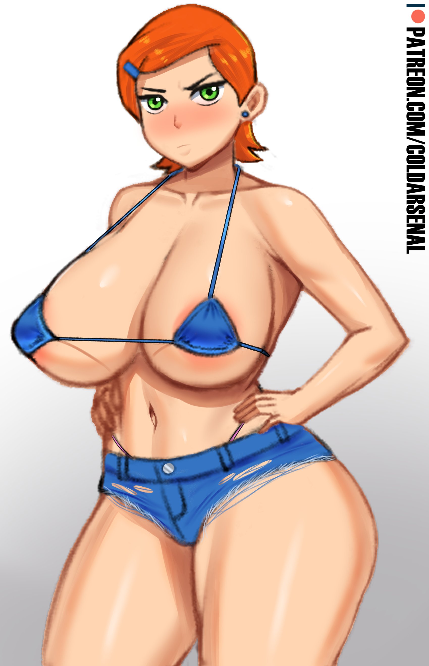 1girls, 2022, aged up, artist signature, ben 10, ben 10 (classic), bikini, bikini top, blue bikini, blue swimsuit, blush, booty shorts, breasts, cartoon network, caught staring, coldarsenal, female, female only, green eyes, gwen tennyson, gwen tennyson (classic), hand on hip, hi res, hips, huge breasts, jean shorts, large breasts, looking at viewer, micro bikini, orange hair, patreon username, short hair, short shorts, shorts, simple background, swimsuit, thick thighs, thighs, voluptuous, wide hips