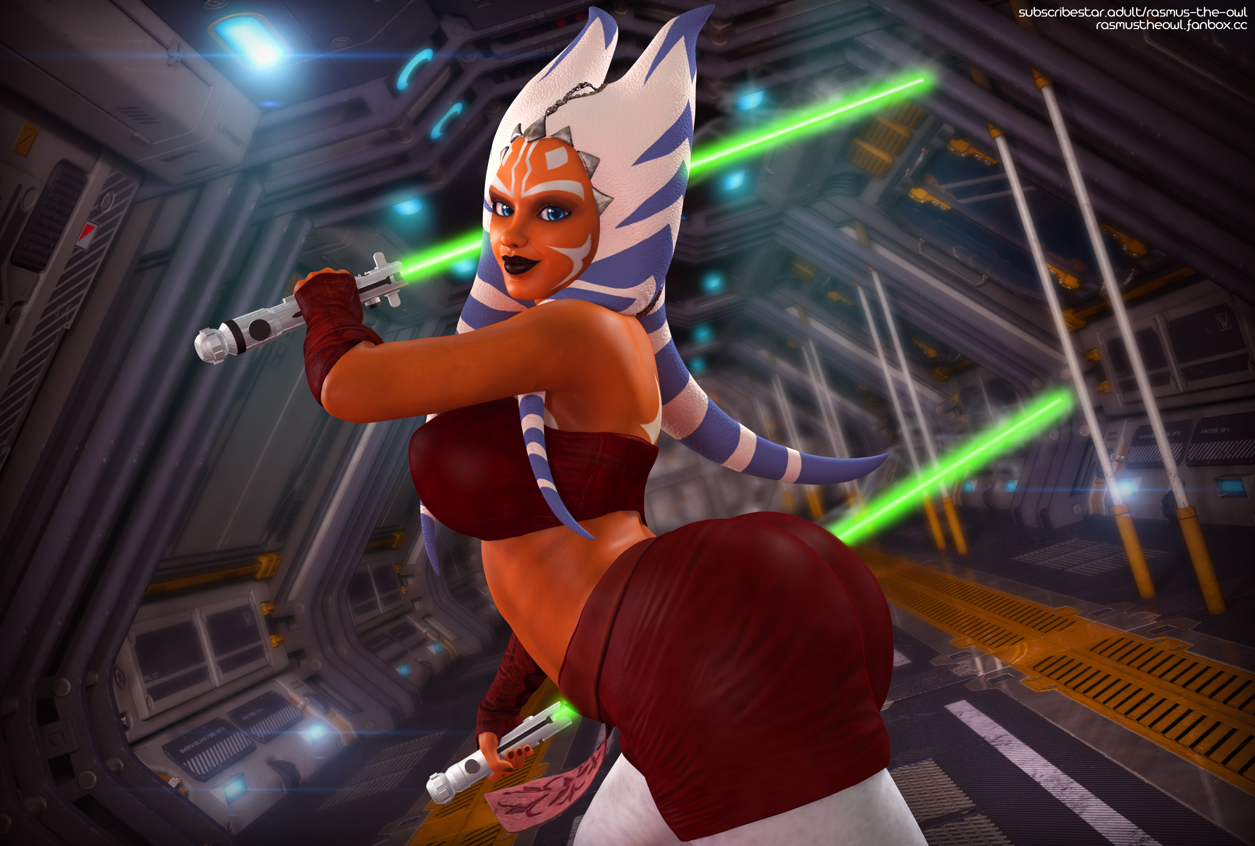 1girls, 3d, ahsoka tano, ass, big ass, blue eyes, clone wars, female, female only, green lightsaber, lightsaber, orange skin, rasmus-the-owl, solo, star wars, text, the clone wars: season one, thick thighs, togruta