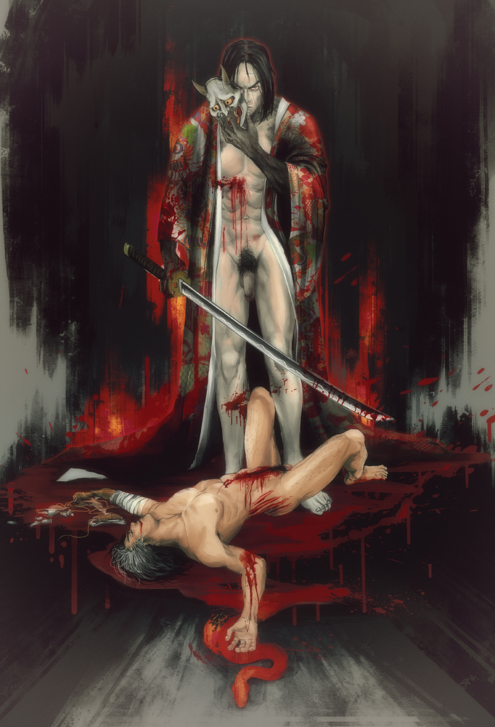 2boys blood blood_stain corpse death defeated detailed flaccid fromsoftware full_body genichiro_ashina guro hermitsghost japanese_clothes katana kimono looking_at_viewer male male_death male_only male_pubic_hair mask mask_pull mask_removed muscular muscular_male nude_male open_clothes open_kimono painting painting_(artwork) pale-skinned_male pale_skin penis prosthetic prosthetic_arm pubic_hair samurai sekiro sekiro:_shadows_die_twice standing sword uncensored weapon