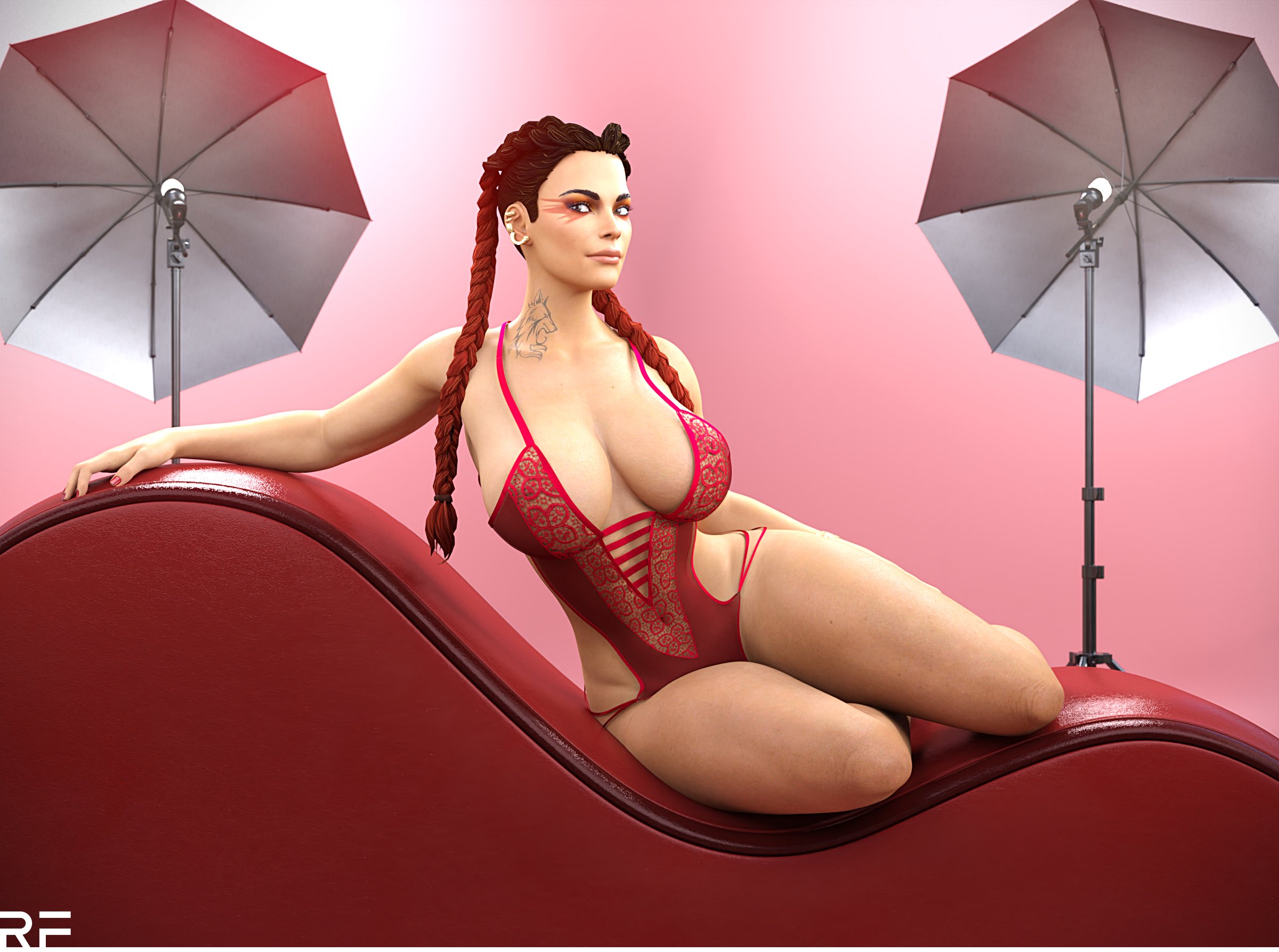 1girls, 3d, apex legends, big breasts, braided twintails, breasts, cleavage, dark skin, dark-skinned female, female, female only, large breasts, legs, lingerie, loba (apex legends), looking at viewer, pose, respawn entertainment, rude frog, solo, tattoo, thick thighs, two-tone hair, wide hips