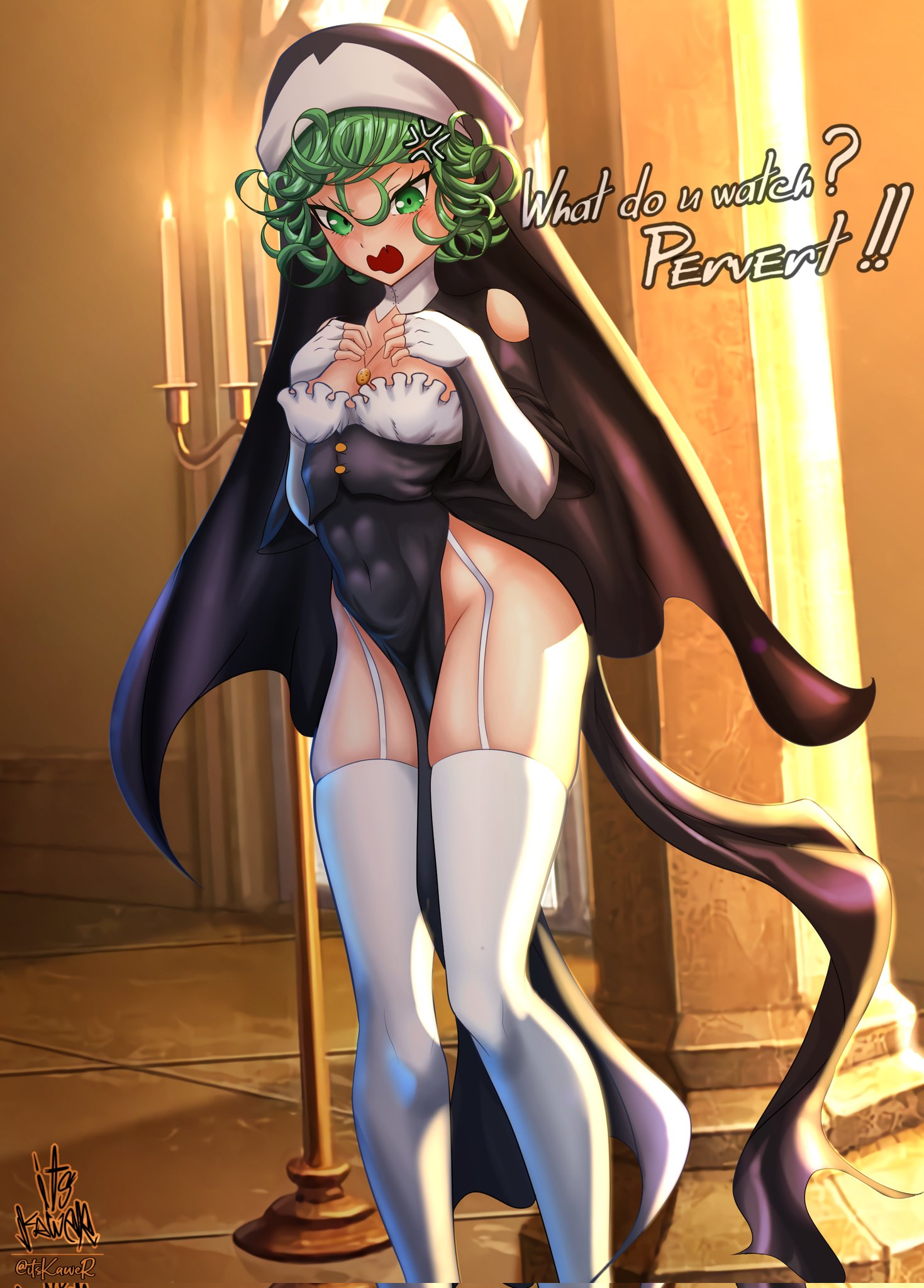 1girls, female, female only, green eyes, green hair, kaw3r, nun, nun outfit, nun's habit, one-punch man, tatsumaki