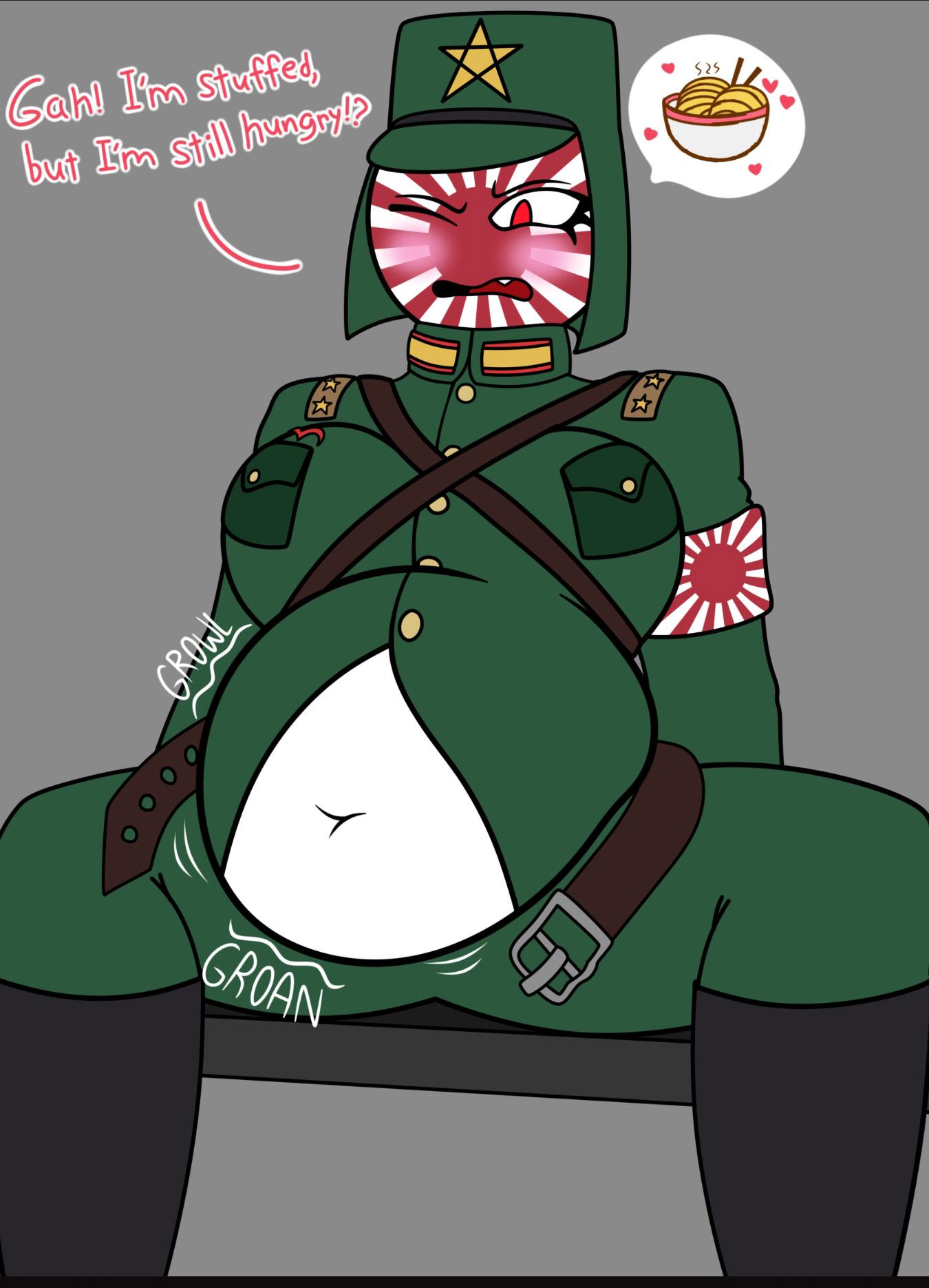 2019, belly expansion, countryhumans, countryhumans girl, ech0chamber, female, inflation, japanese empire (countryhumans), ramen