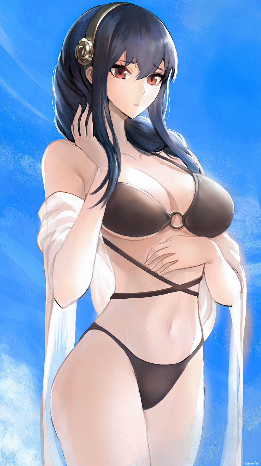 1girls, bikini, black hair, breasts, female, female only, large breasts, looking at viewer, red eyes, solo, spy x family, swimsuit, thighs, tommy (kingdukeee), yor briar