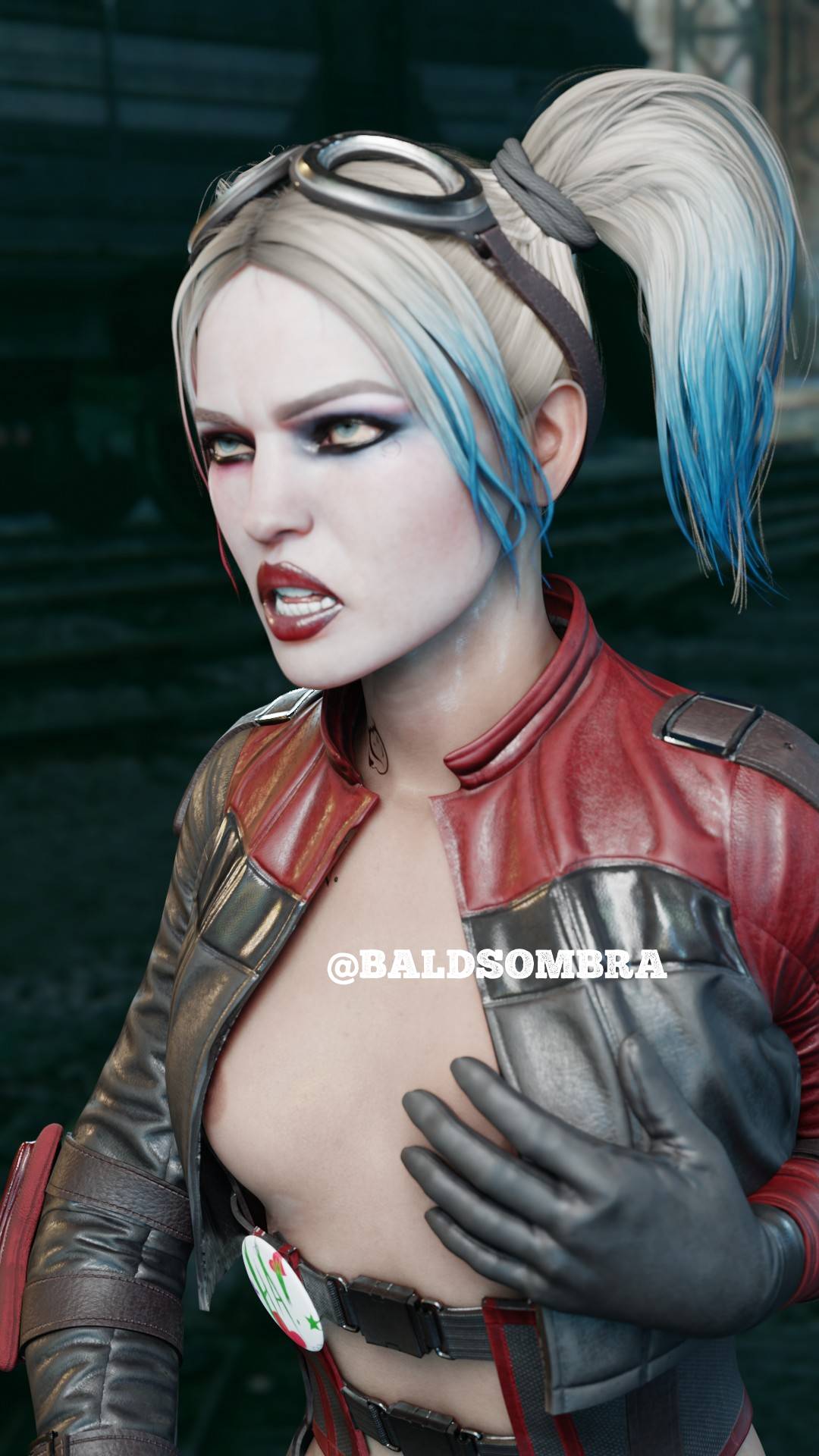 1girls 3d baldsombra batman_(series) dc dc_comics female female_only fingering harley_quinn harley_quinn_(injustice) injustice_2 nipples open_jacket solo tagme