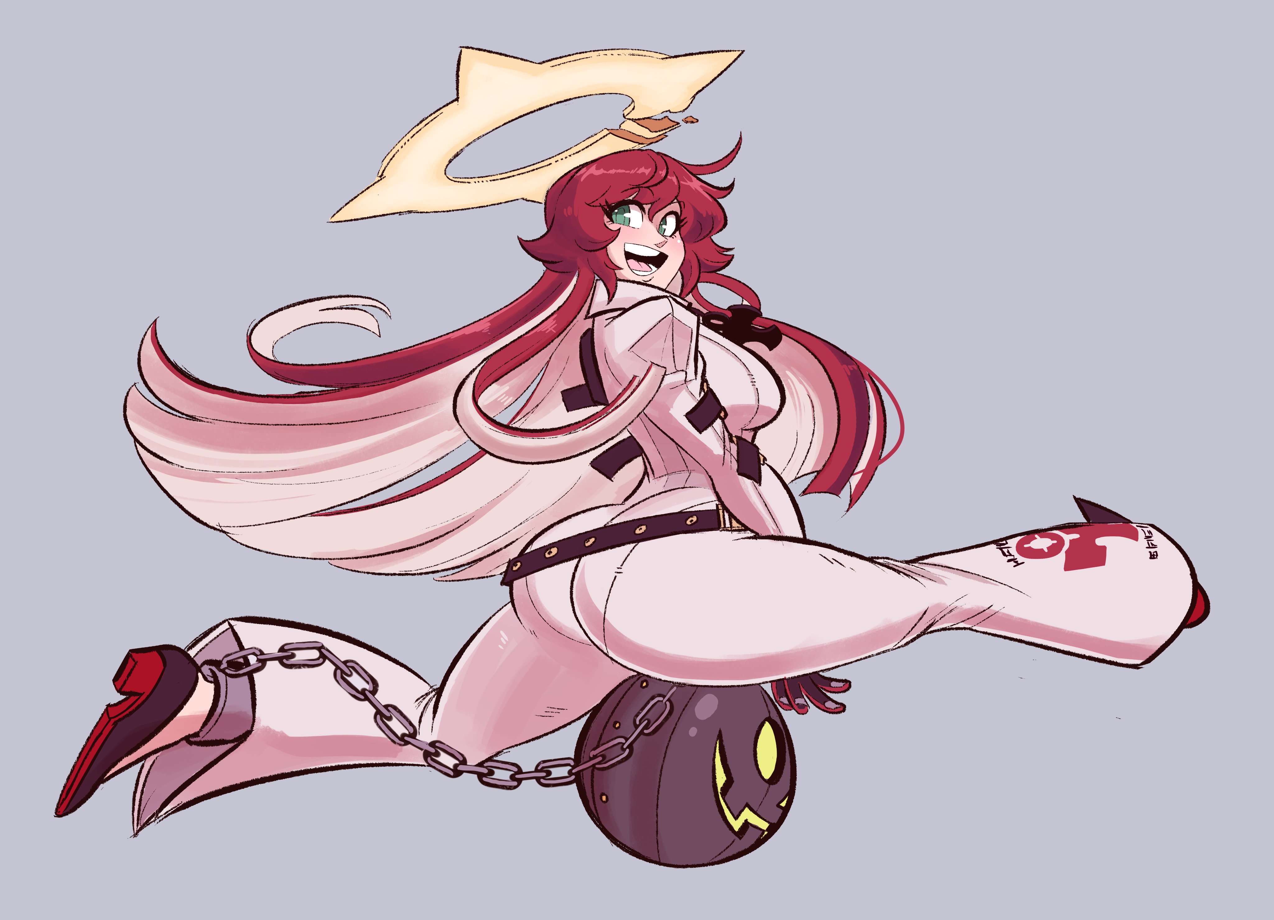 ass, big ass, big butt, breasts, female, green eyes, guilty gear, guilty gear strive, huge ass, jack-o' valentine, multicolored hair, red hair, scruffyturtles, smile, thick thighs