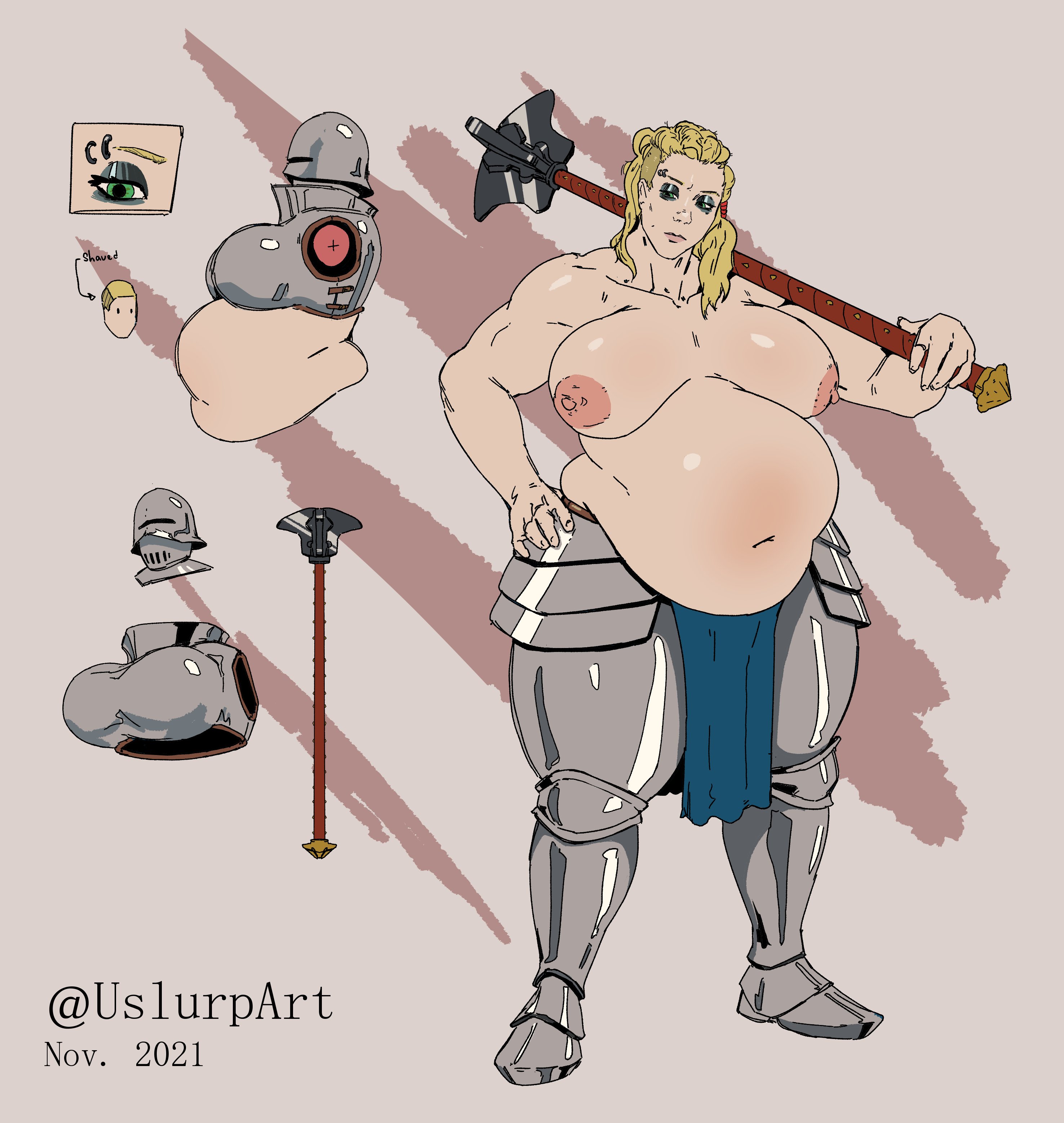 1girls, armor, bbw, belly, big belly, big breasts, blonde hair, breasts, character sheet, female, hammer, large belly, large breasts, musclegut, muscular, muscular female, nipples, strongfat, uslurpart