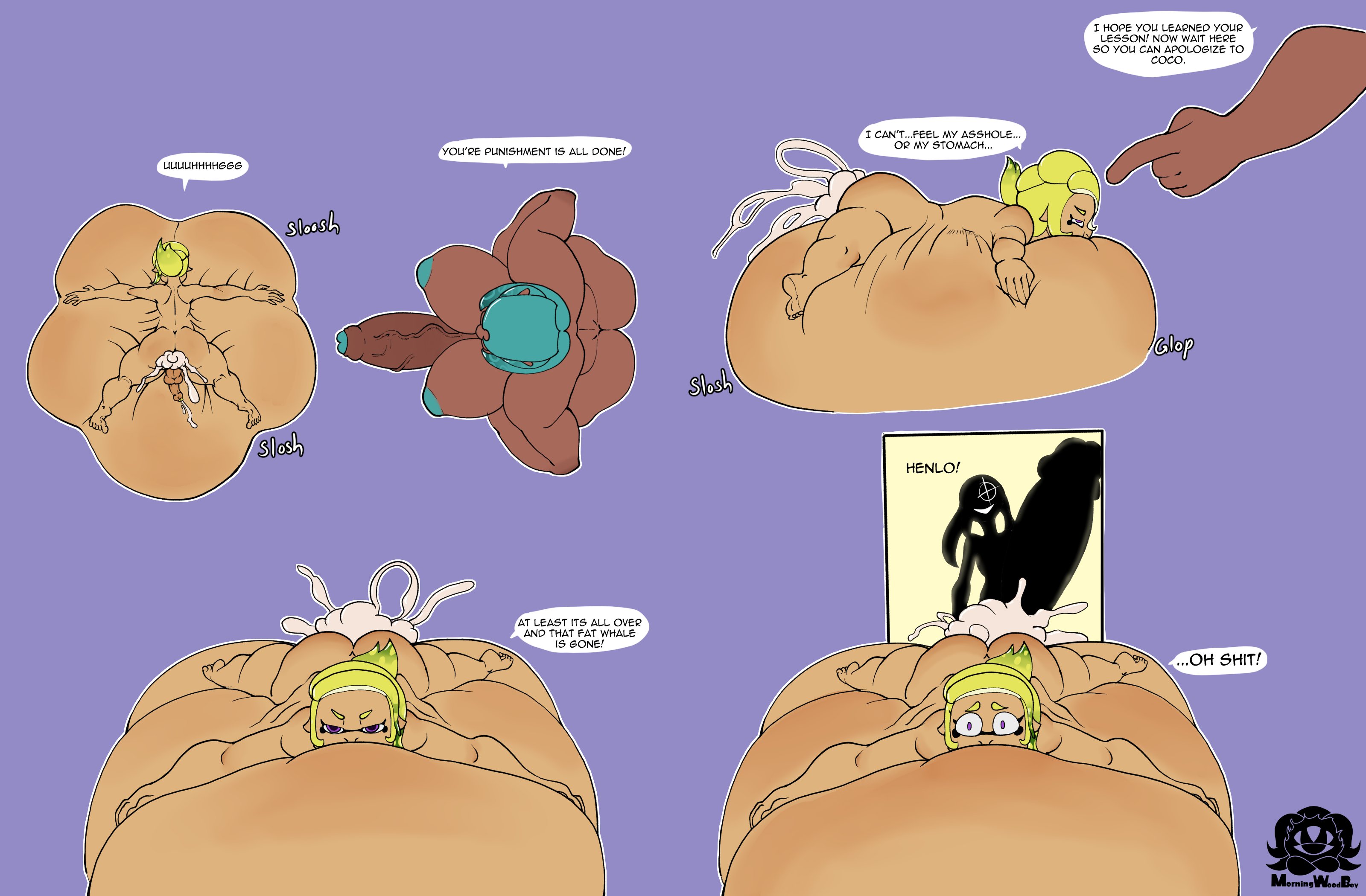 1boy, 2futas, anal, ass, balls, big ass, big belly, blue penis, breasts, cum, cum in ass, cumflated belly, cumflation, dark skin, dark-skinned futa, dialogue, duo, duo focus, english text, erection, excessive cum, femboy, futa is bigger, futa on male, futanari, gigantic penis, huge balls, huge cock, humanoid, humanoid penis, hyper cumflation, hyper inflation, imminent sex, impossible fit, inflation, inkling, interracial, intersex, larger futa, lemon (morningwoodboy), lens flare, levi stanfteriesin (morningwoodboy), light skin, light-skinned male, male, male focus, morningwoodboy, octoling, on stomach, penis, penis size difference, prone bone, short hair, shortstack, size difference, small penis, smaller male, splatoon, standing, text