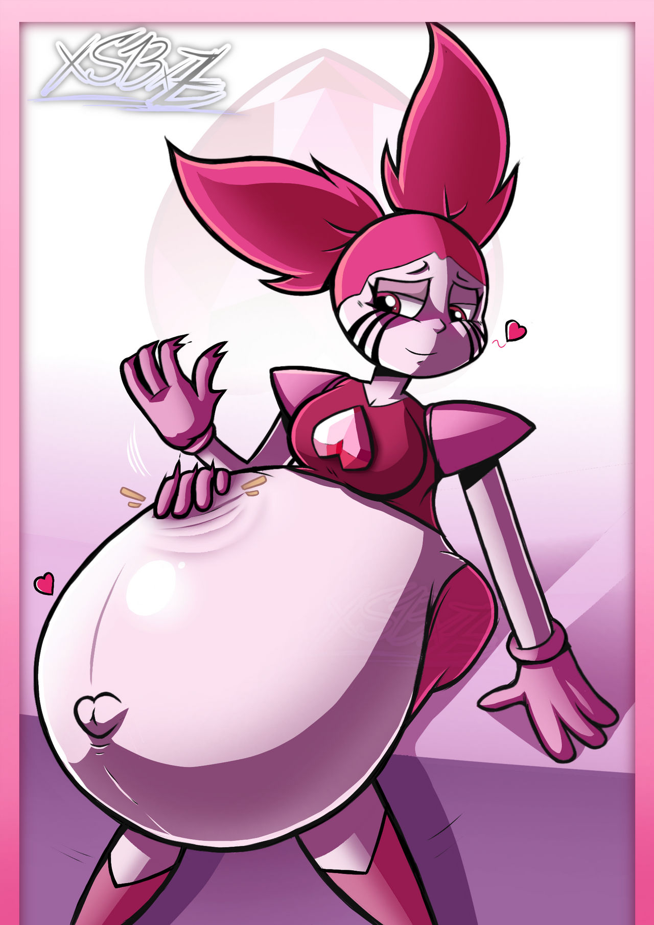 1girls, belly, big belly, big breasts, blackoutsiderz, breasts, cleavage, female, female only, hand on belly, heart-shaped navel, large belly, navel, pink hair, pink skin, pregnant, solo female, spinel (steven universe), steven universe, twintails, vore
