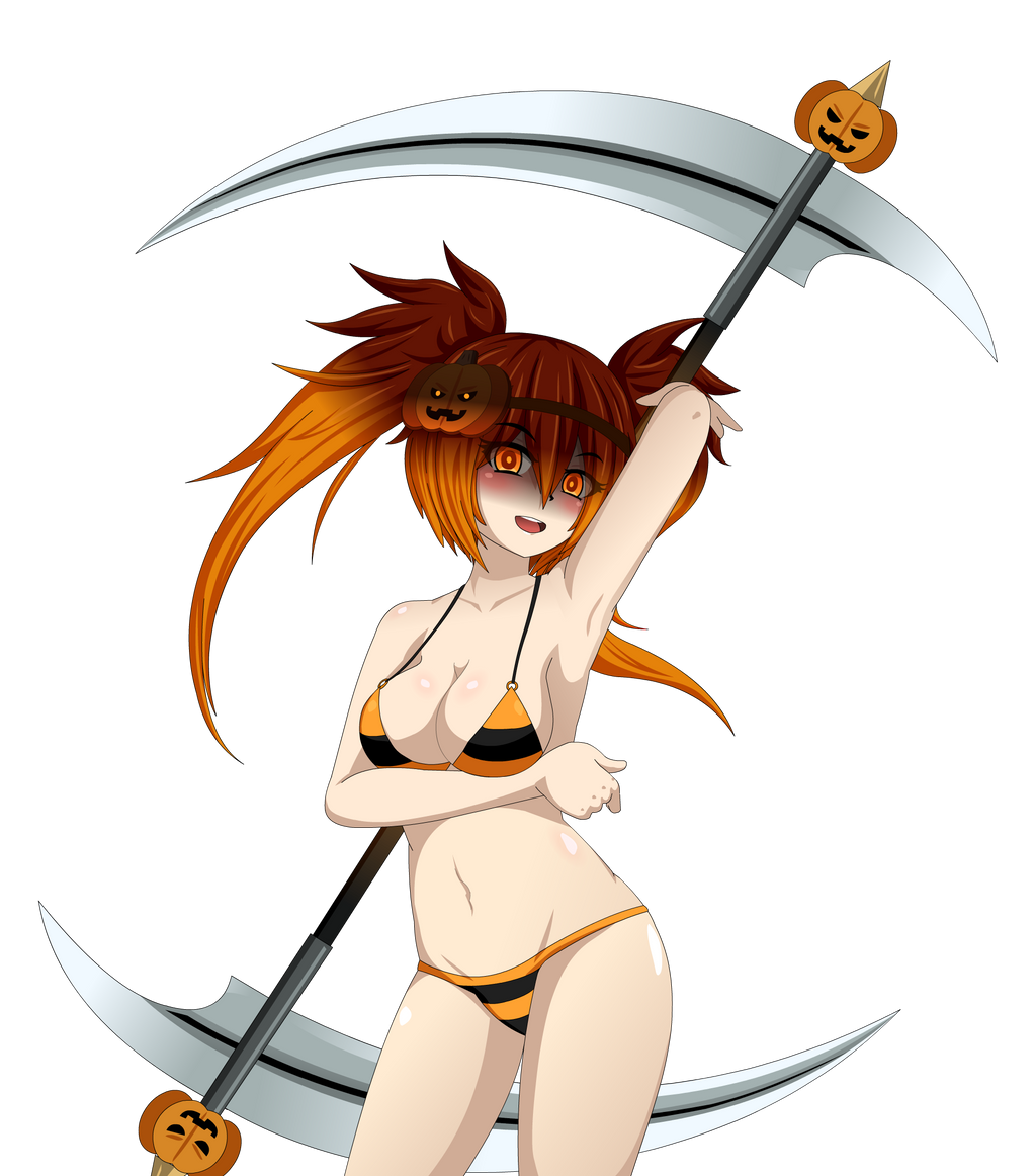 1girls anime_gacha! bikini blush breasts gacha_resort glowing_eyes lunime orange_eyes orange_hair pumpkin scythe scythe_ripper solo striped_bikini suggestive twintails