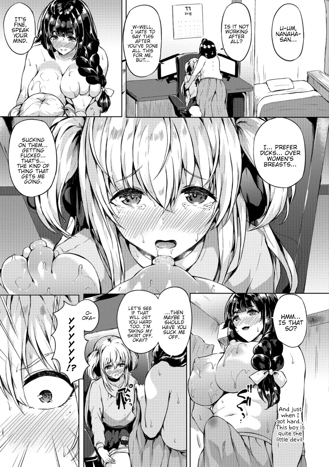 1boy, 1futa, areolae, big breasts, big penis, boner, boner in pants, boner under clothes, breast sucking, breasts, bulge, clothed, clothing, comic, dialogue, english text, erection, erection under clothes, erection under clothing, femboy, fully clothed, futa on male, futanari, huge cock, human, intersex, kasuga mayu, large breasts, light skin, light-skinned futa, light-skinned male, male, nipples, partially clothed, penis, penis under skirt, precum through clothing, puffy areola, skirt bulge, sucking nipples, tenting, text, topless, translated, trap