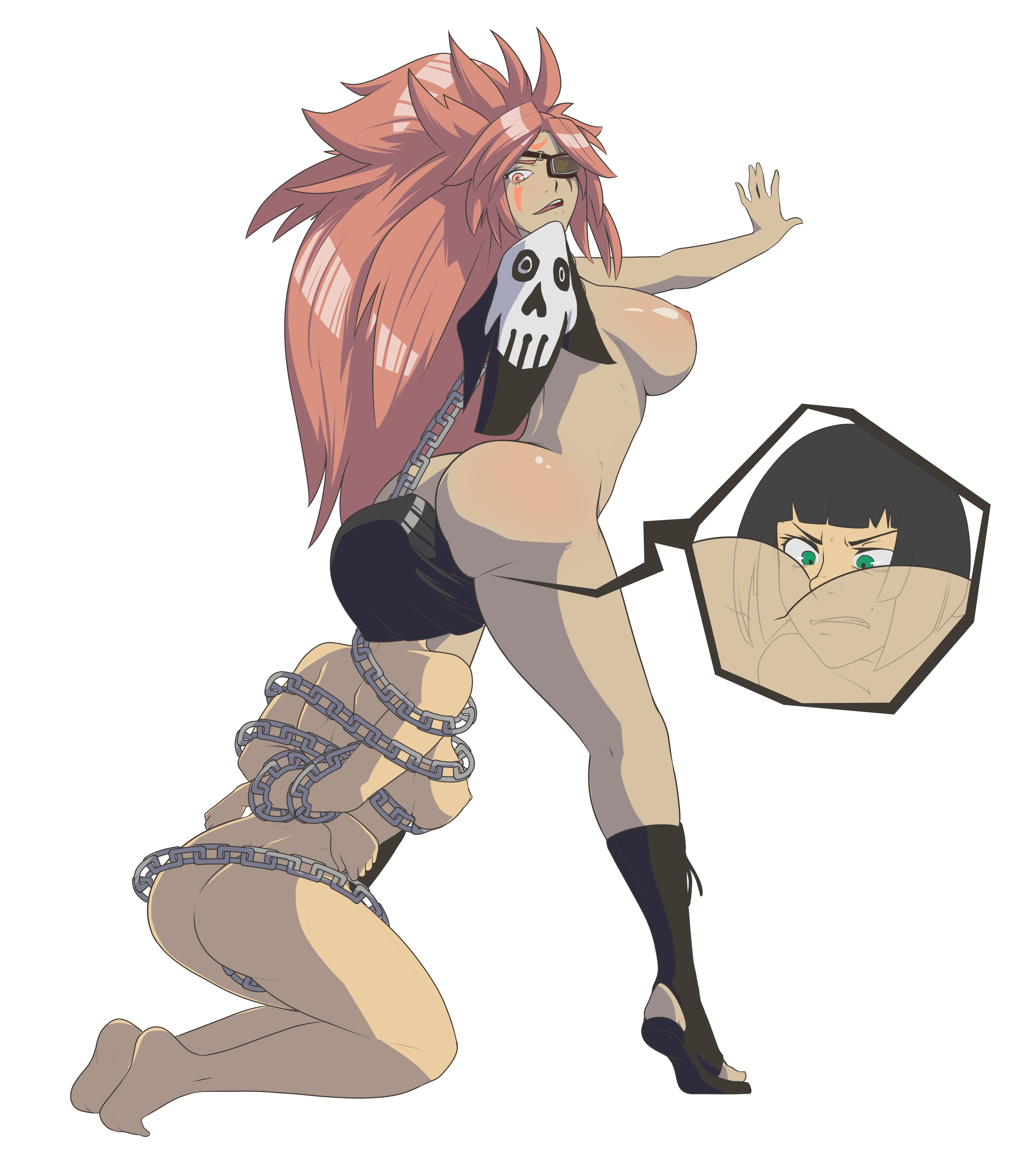 2girls, amputee, anal vore, arms behind back, ass, ass on face, baiken, bdsm, big ass, big breasts, bigmonkus, black hair, bondage, breasts, dark skin, dark-skinned female, eyepatch, face in ass, female, female only, femdom, fetish, green eyes, guilty gear, i-no, idolmonkeh, imminent vore, light skin, light-skinned female, long hair, multiple females, multiple girls, pink eyes, pink hair, short hair, transparent background, vore, white hair