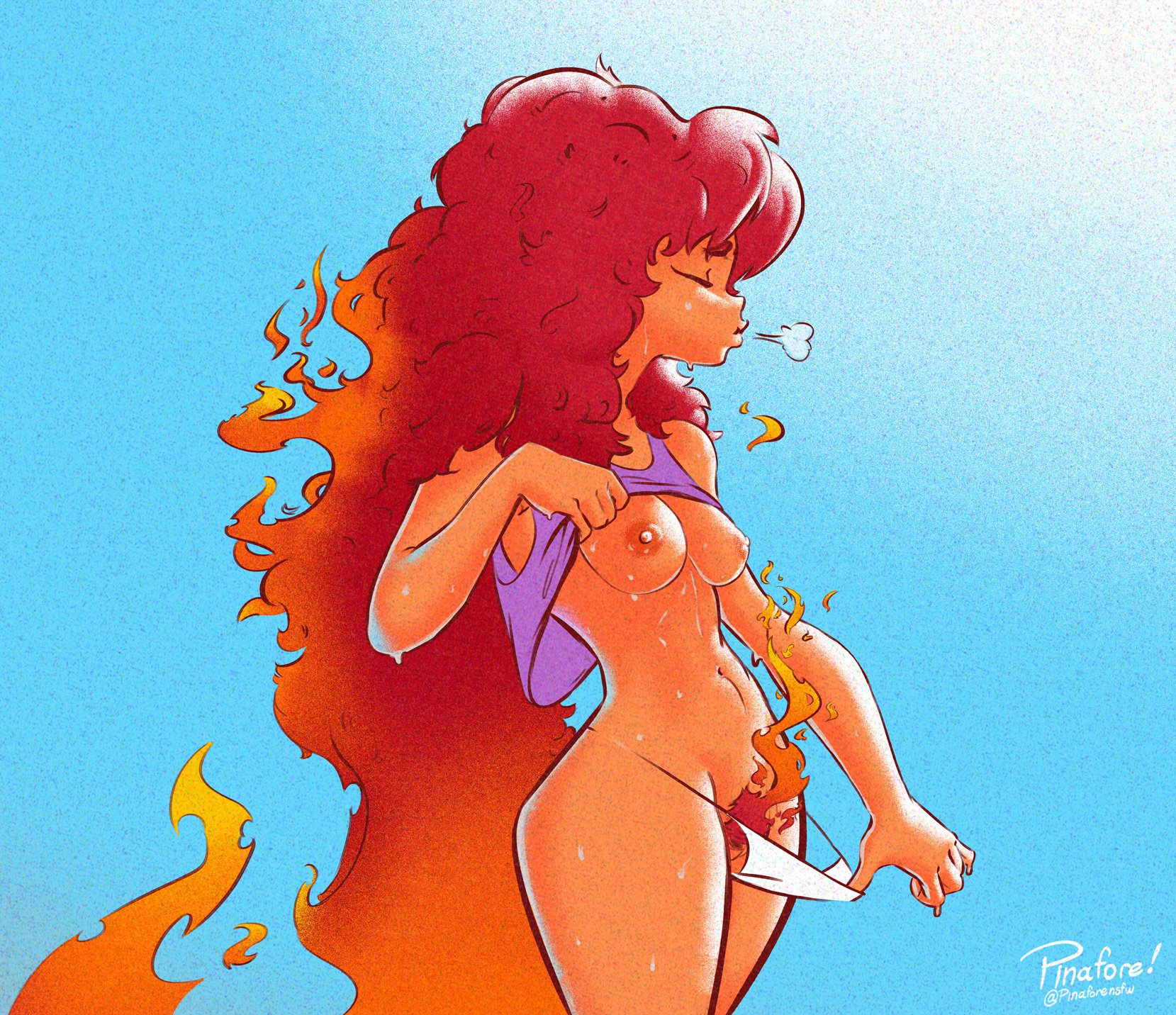 1girls, breasts, carpet matching drapes, curly hair, dc, dc comics, female, female only, koriand'r, orange skin, pinafore (artist), pubic hair, pussy, starfire, starfire (classic), starfire (comics), sweat, sweaty breasts, tagme, teen titans, thick thighs, wide hips
