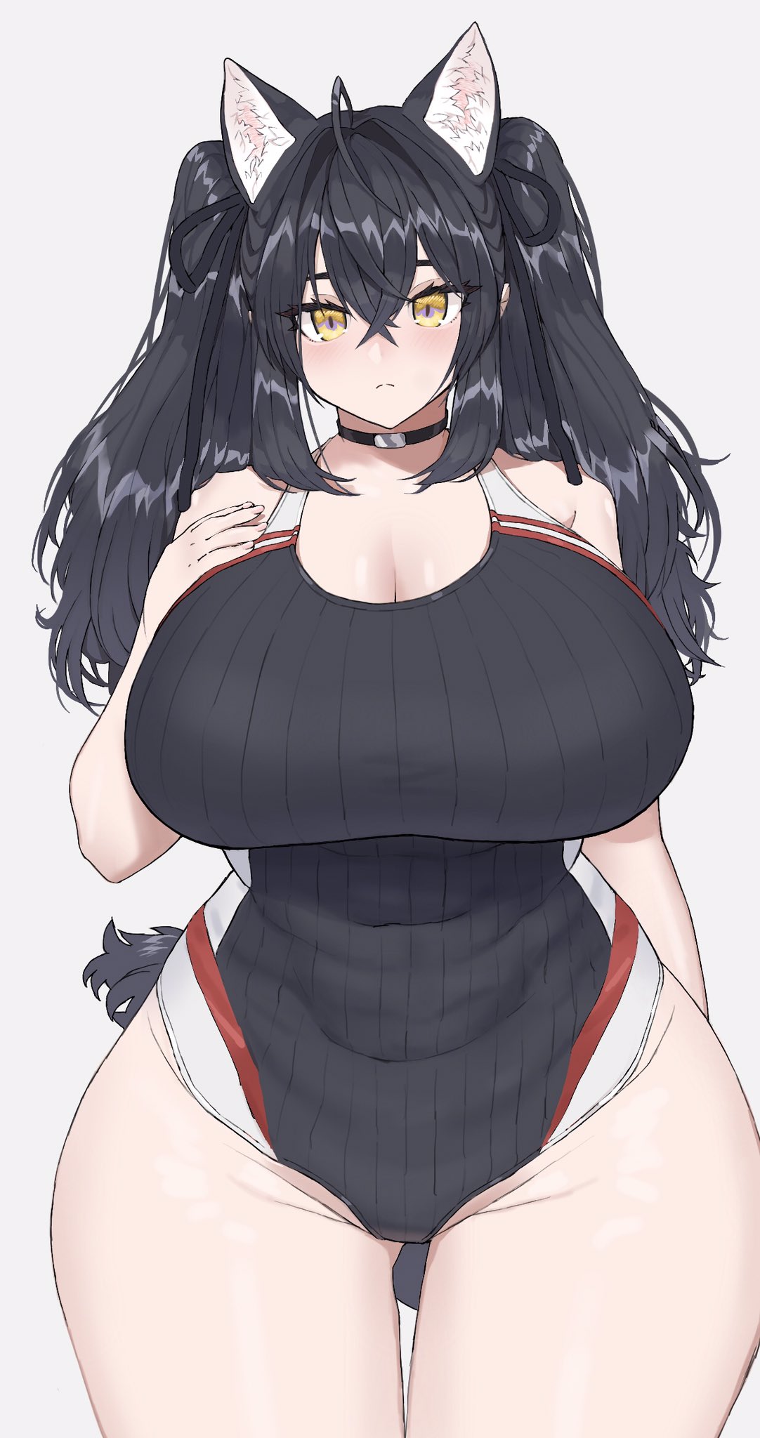 big breasts, black hair, breasts, cat ears, character request, choker, female, kakanashi, tagme, thick thighs, white background, wide hips, yellow eyes