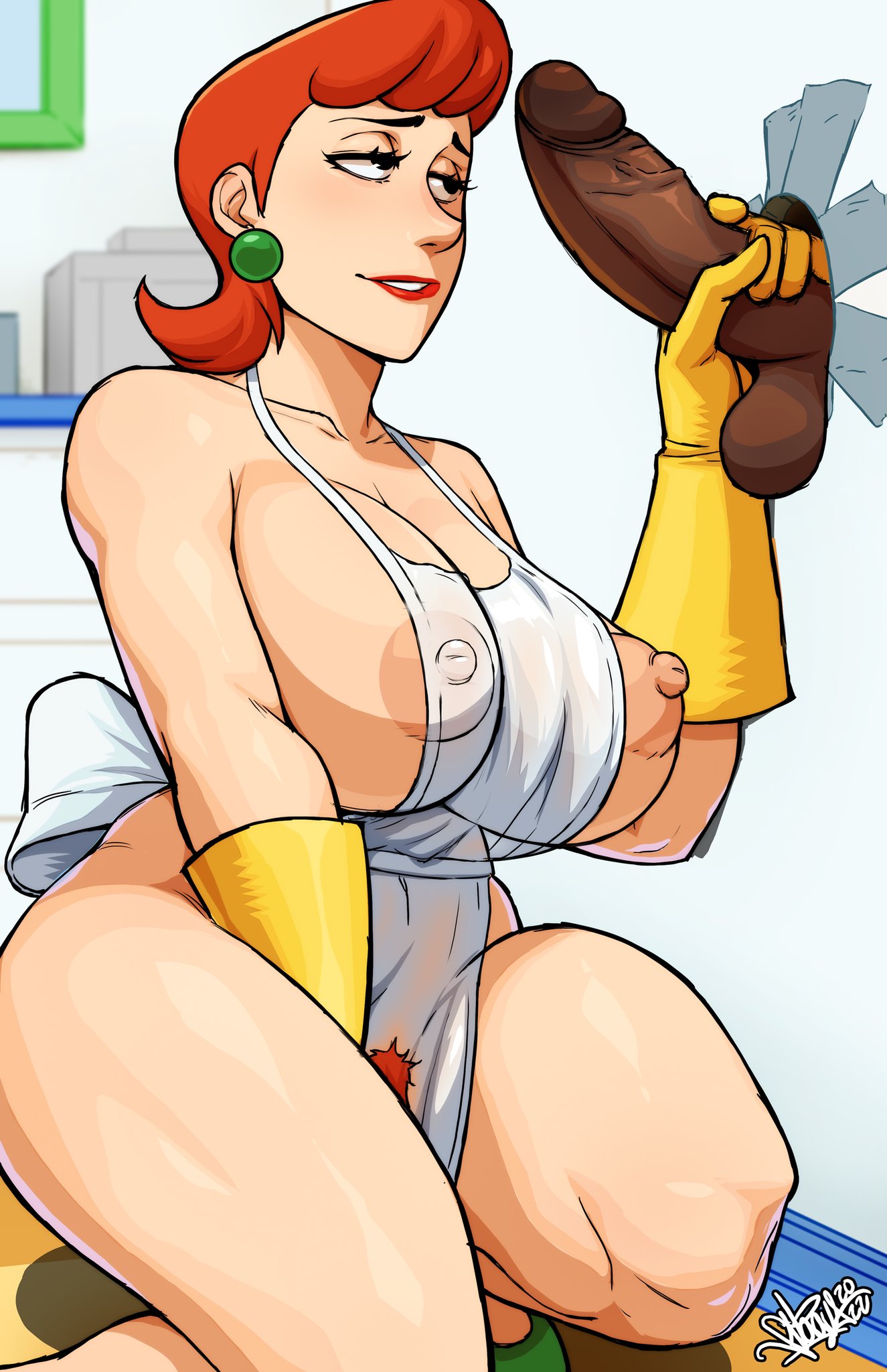 1boy 1girls action_hank apron big_breasts big_penis breasts cartoon_network cheating dark-skinned_male dark_skin dexter's_laboratory dexter's_mom earrings glory_hole gloved_handjob gloves handjob imminent_oral interracial kneeling large_breasts light-skinned_female light_skin lipstick mature_female milf naavs nipples_visible_through_clothing partial_male penis pubic_hair red_hair red_lipstick short_hair thick_thighs thighs voluptuous wide_hips