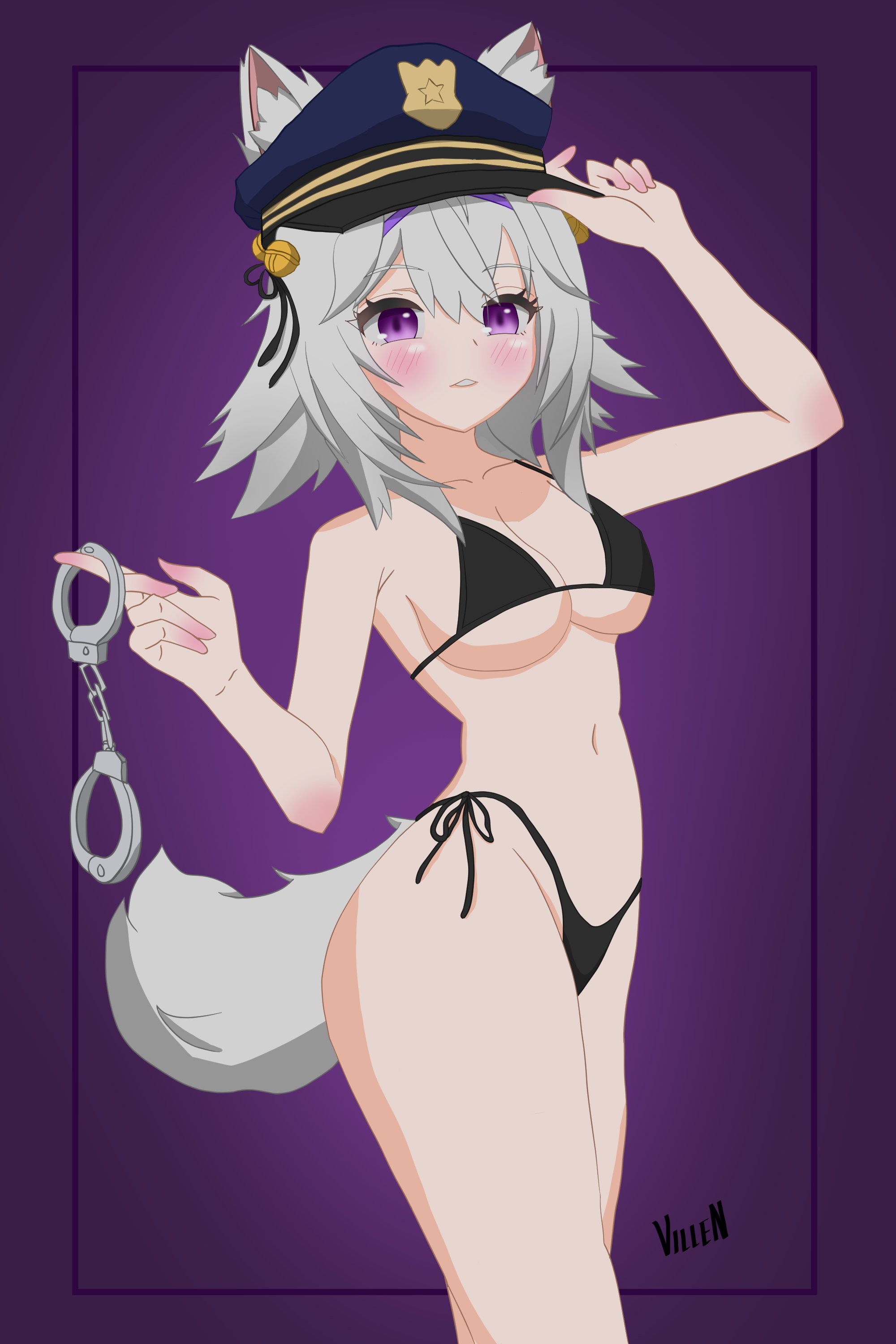 1girls, 2d, bikini, blush, cat girl, catgirl, cop filian, female, female only, filian, filian (vtuber), handcuffs, indie virtual youtuber, police hat, purple eyes, rindo (vrchat), solo, tail, twitch, villenthessis, virtual youtuber, vrchat, watermark, white hair